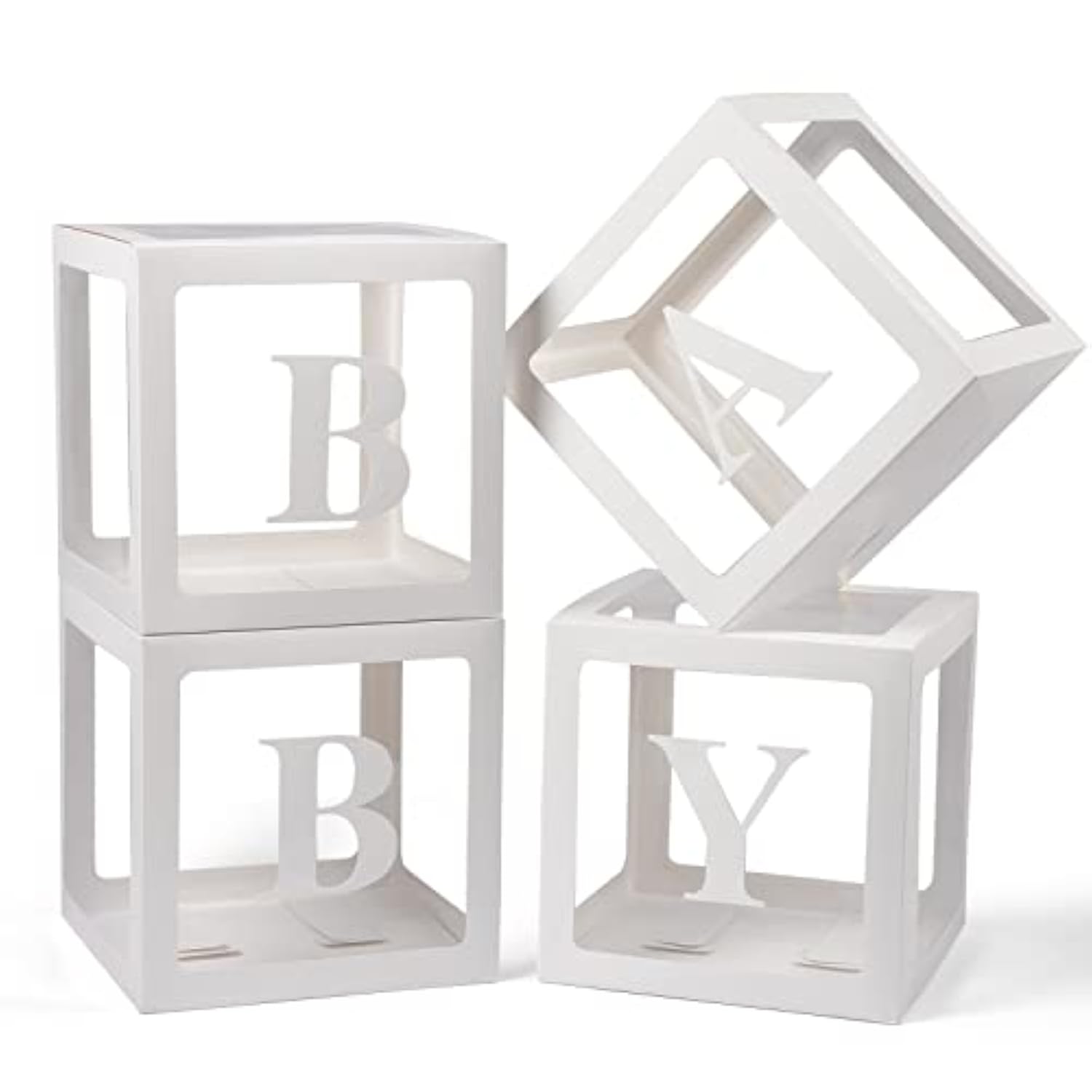 Baby Boxes With Letters For Baby Shower, 4 Transparent Balloon Boxes With Letters For Gender Reveal Birthday Wedding Baby Shower Decorations (White)