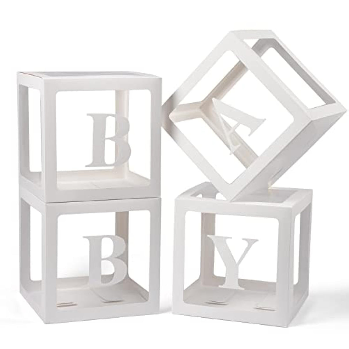 Baby Boxes With Letters For Baby Shower, 4 Transparent Balloon Boxes With Letters For Gender Reveal Birthday Wedding Baby Shower Decorations (White)