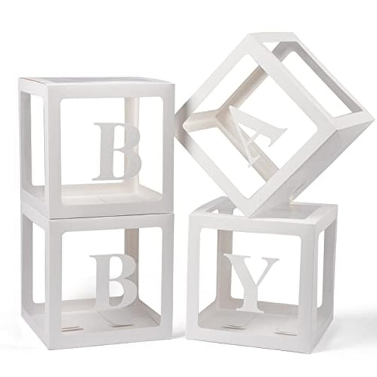 Baby Boxes With Letters For Baby Shower, 4 Transparent Balloon Boxes With Letters For Gender Reveal Birthday Wedding Baby Shower Decorations (White)