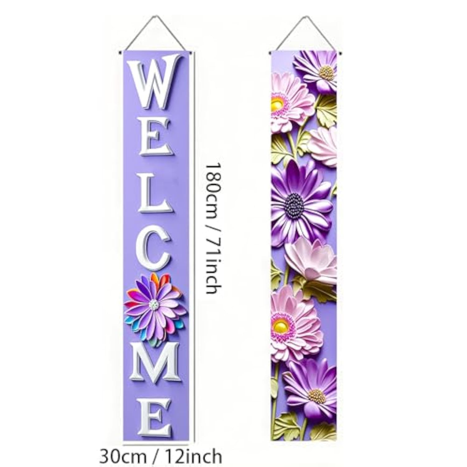 1Pc 71X12 Inch Purple Flower Party Banner Set With 3D Effect Bloom Design Vertical Welcome Sign For Indoor Outdoor Garden Patio Porch Spring Summer Seasonal Decoration