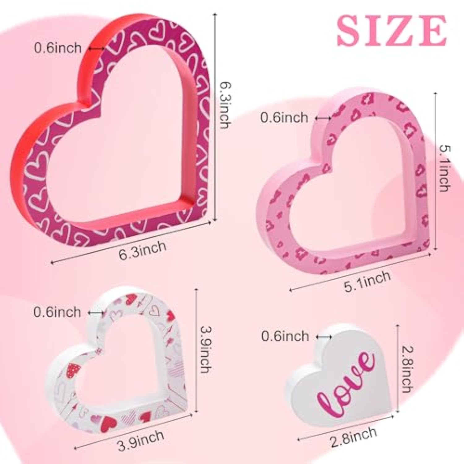Wooden Valentines Day Decor - 4 Pcs Double-Sided Cute Wood Heart Signs For Valentines Decorations - Valentines Day Decorations For The Home, Table, Tiered Tray, Mantel, Office, Bedroom