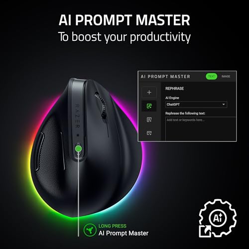 Pro Click V2 Vertical Wireless Mouse: 6 Button Ergonomic Design - One Click Ai Prompt - Supports Windows & Mac - Multi Device Connectivity Via 2.4Ghz, Bluetooth, Or Usb C Wired Mode - Chroma Rgb