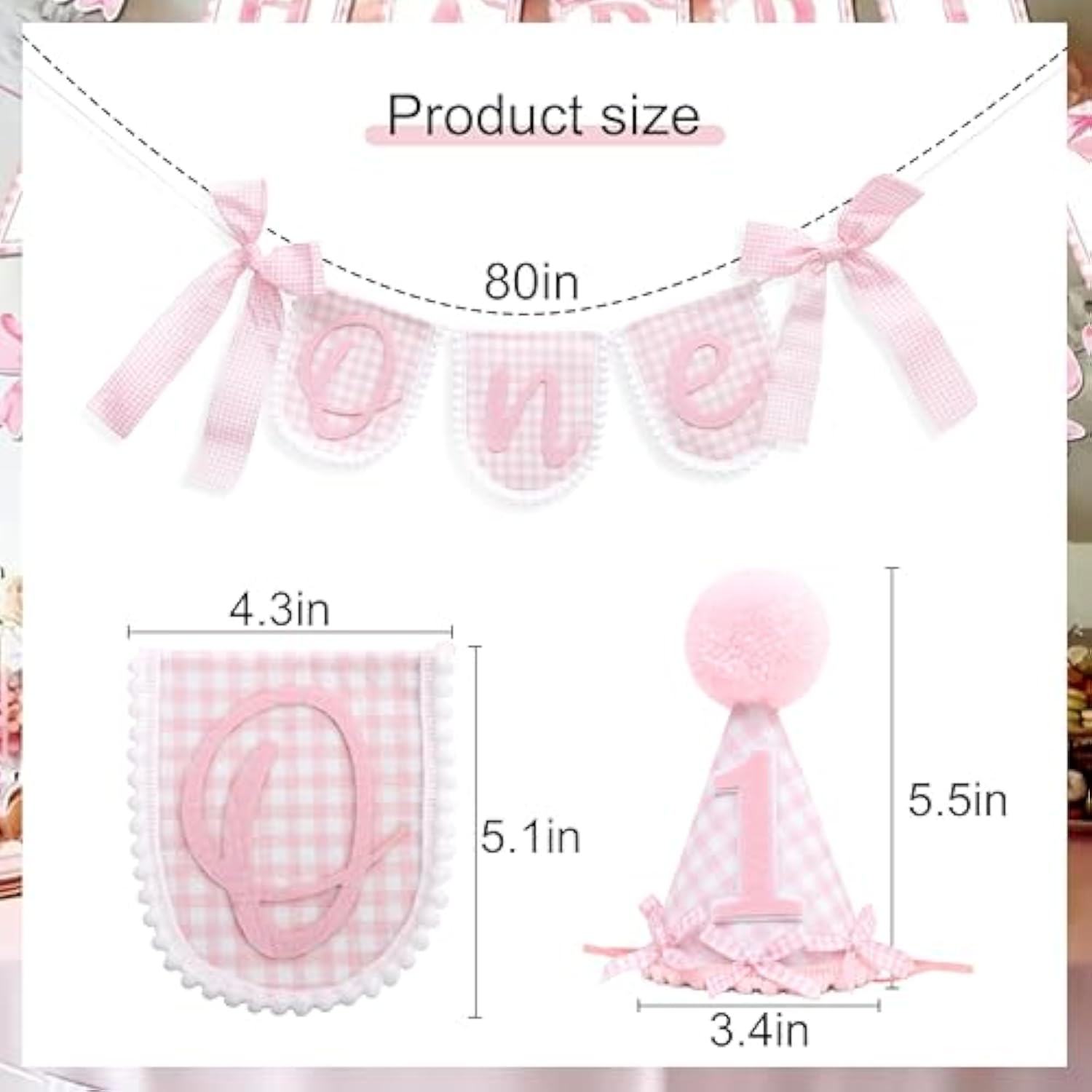 Pink Gingham First Birthday Party Decoration Set, One Banner 80 Inches, Pink Gingham Party Hat, 5.5 Inches, Pom Pom Topper With Number 1, Girls Birthday Decoration