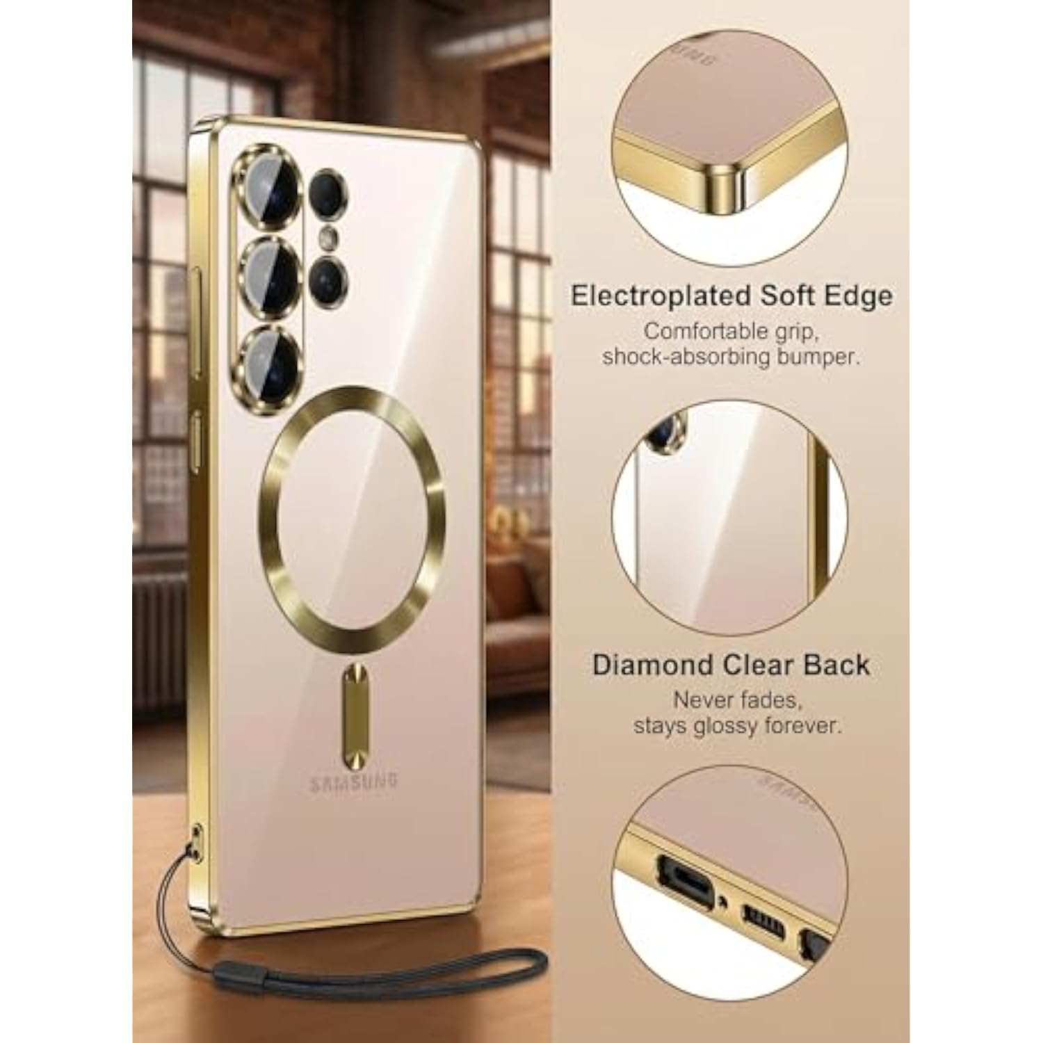 Glossy Luxury Magnetic Case for Samsung Galaxy S26 Ultra with 2X Screen Protector and Camera Protector, Compatible with MagSafe Slim Clear Drop Protection Cover for Galaxy S26 Ultra - Gold