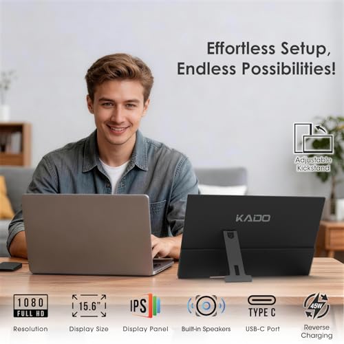 Portable Monitor 15.6-Inch Fhd 1080P, 45W Reverse Charging Ultra-Slim Laptop Monitor 1920X1080 With Built-In Speakers, Ips Display Kickstand For Pc, Mac, Phone, Xbox, Ps5, Usb-C & Hdmi