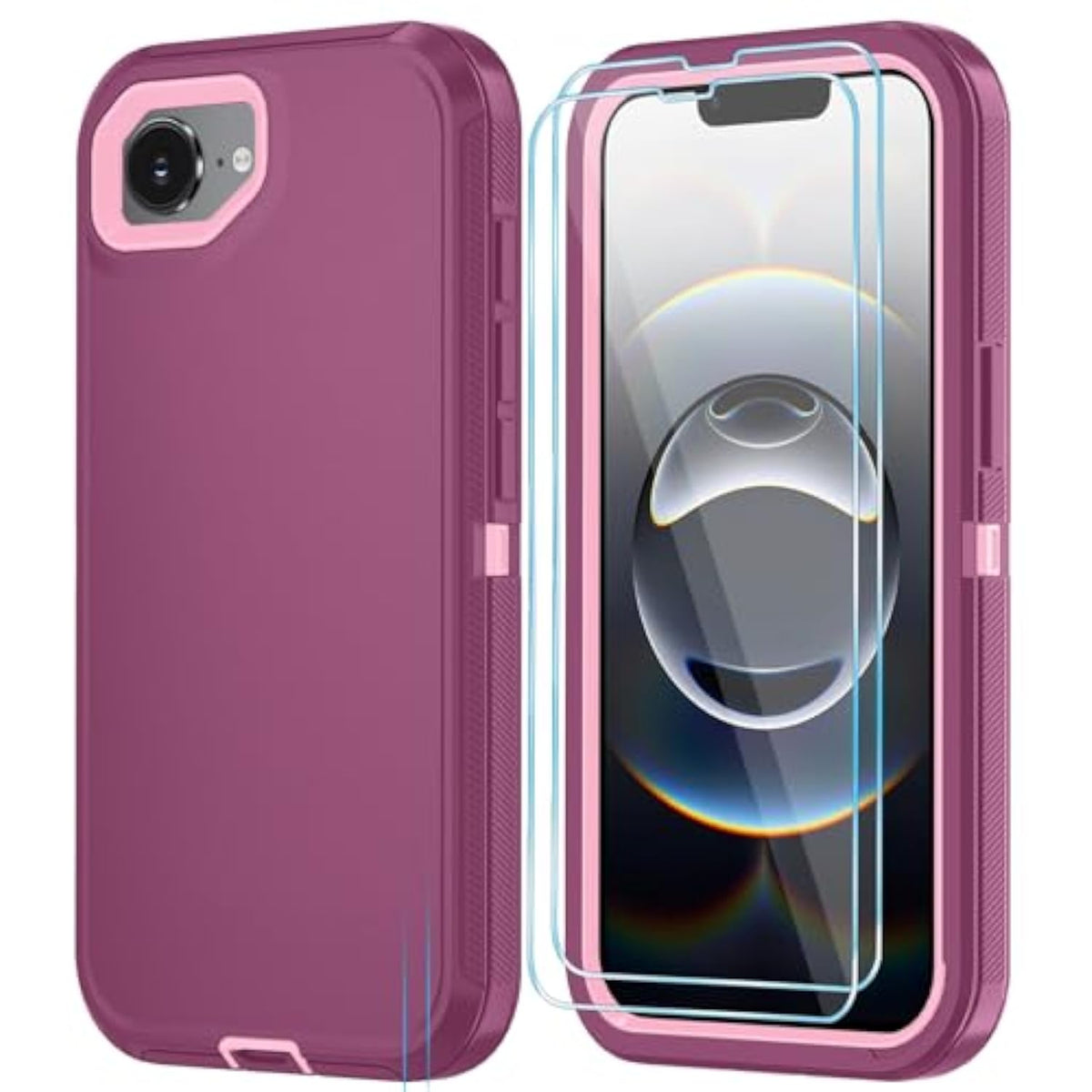 Phone Case For Iphone 16E Case With Hd Screen Protector, Heavy Duty Shockproof & Dustproof & Dropproof 3-Layer Cover Phone Case For Iphone 16E,Wineredpink