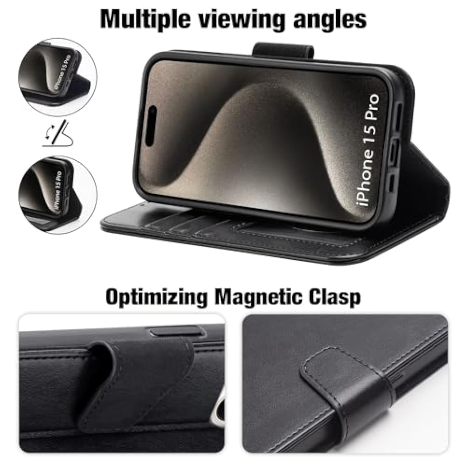 Compatible With Iphone 15 Pro Case With Card Holder And Wrist Strap Wallet Flip Cover For Iphone 15 Pro 6.1 Inch,Black