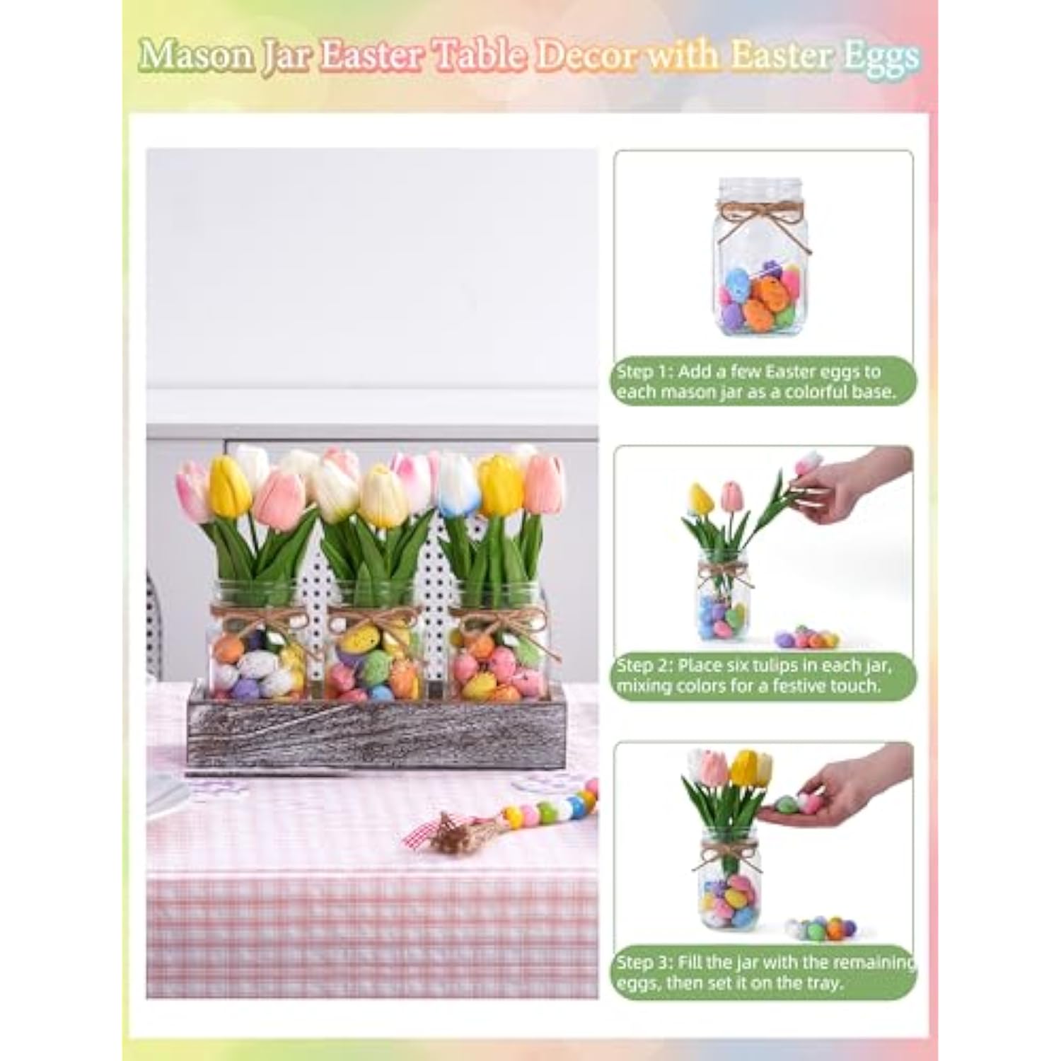 Mason Jar Spring Easter Table Decor, Centerpieces For Tables With Easter Eggs Decor, Farmhouse Wood Tray, 23 Pcs Easter Spring Decorations Indoor For Home Office Table