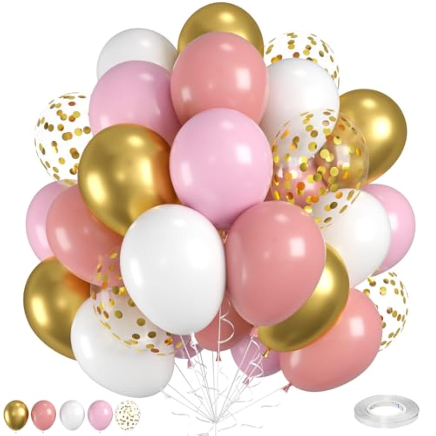 Dusty Pink Gold Balloons, 35 Pcs 12 Inches Retro Pink Metallic Gold Ivory White Balloons, Gold Confetti Latex Balloon For Girl Women Birthday Wedding Baby Shower Engagement Bridal Party Decor