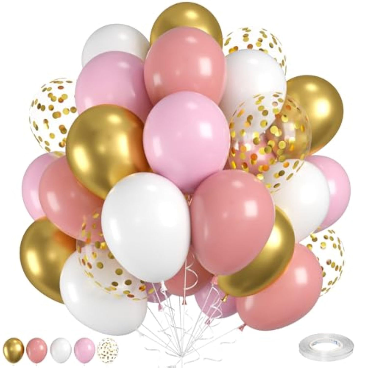 Dusty Pink Gold Balloons, 35 Pcs 12 Inches Retro Pink Metallic Gold Ivory White Balloons, Gold Confetti Latex Balloon For Girl Women Birthday Wedding Baby Shower Engagement Bridal Party Decor