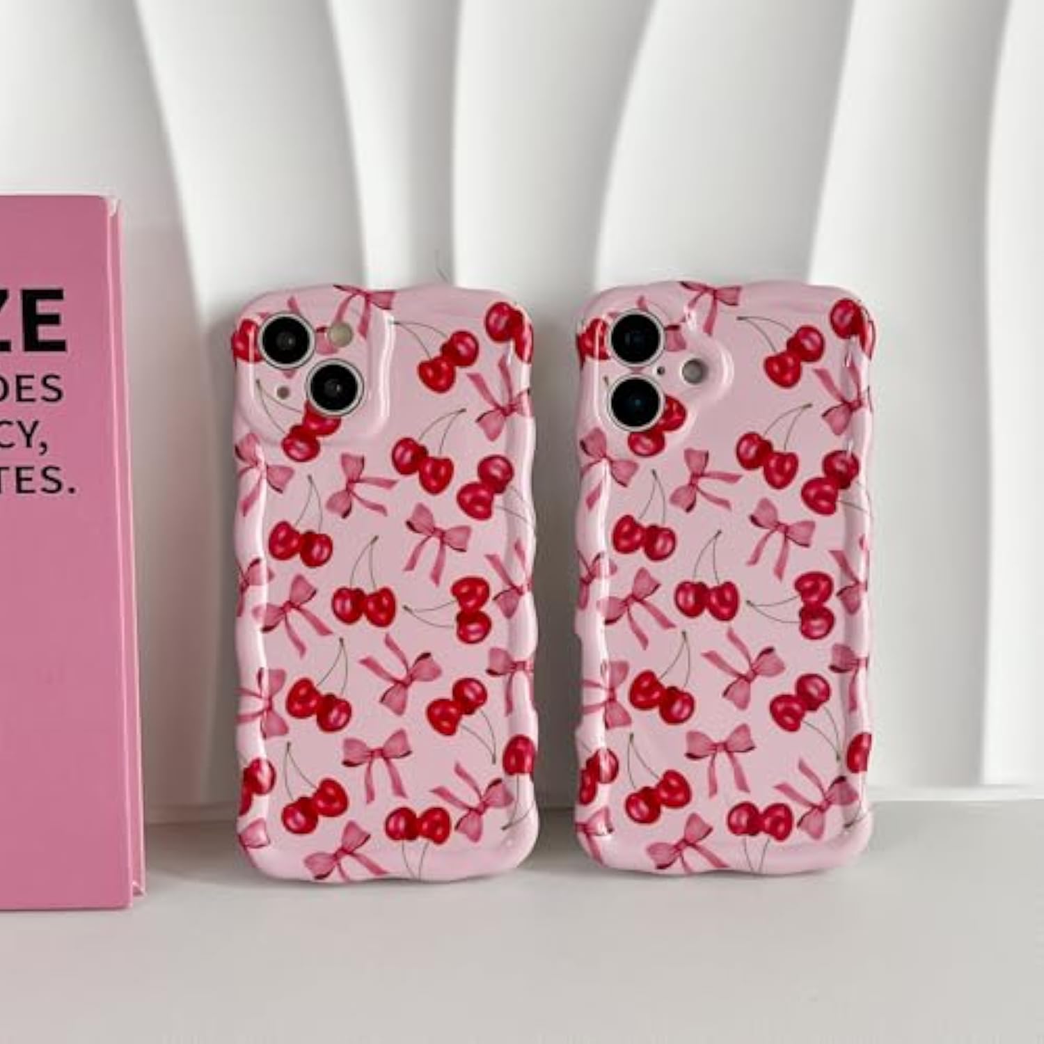 Compatible With Iphone 13 Case, Cute Wave Curly Pink Cherry Bow Phone Case For Women, Soft Tpu Shockproof Protection Cover Designed For Iphone 13 6.1 Inch