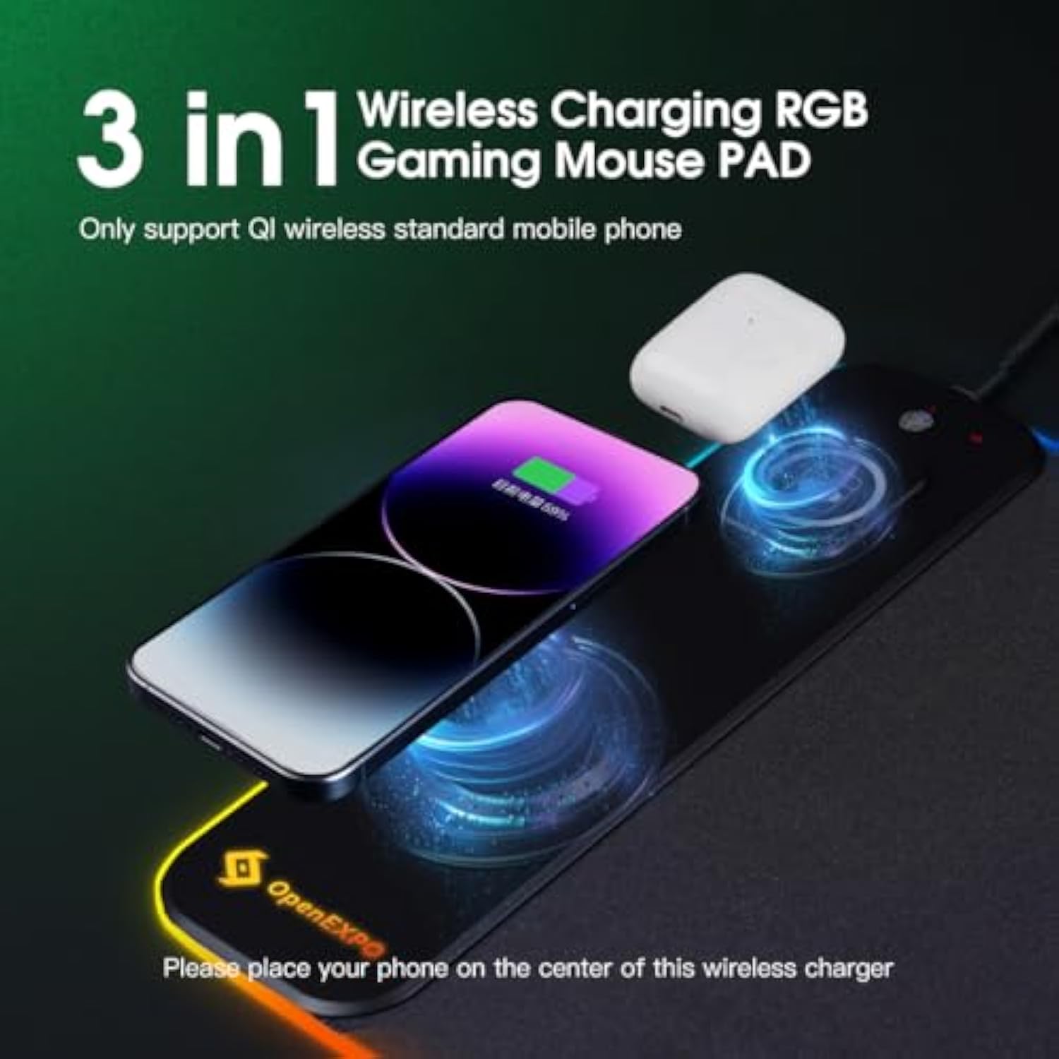 M15Wr Wireless Charging Rgb Gaming Desk Mat/Mouse Pad, 3 In 1 Wireless Charging, 15 Rgb Light Modes (Sound Pickup Mode, Power Failure Memory Function), 31.49" X 11.81" Non-Slip Rubber Base