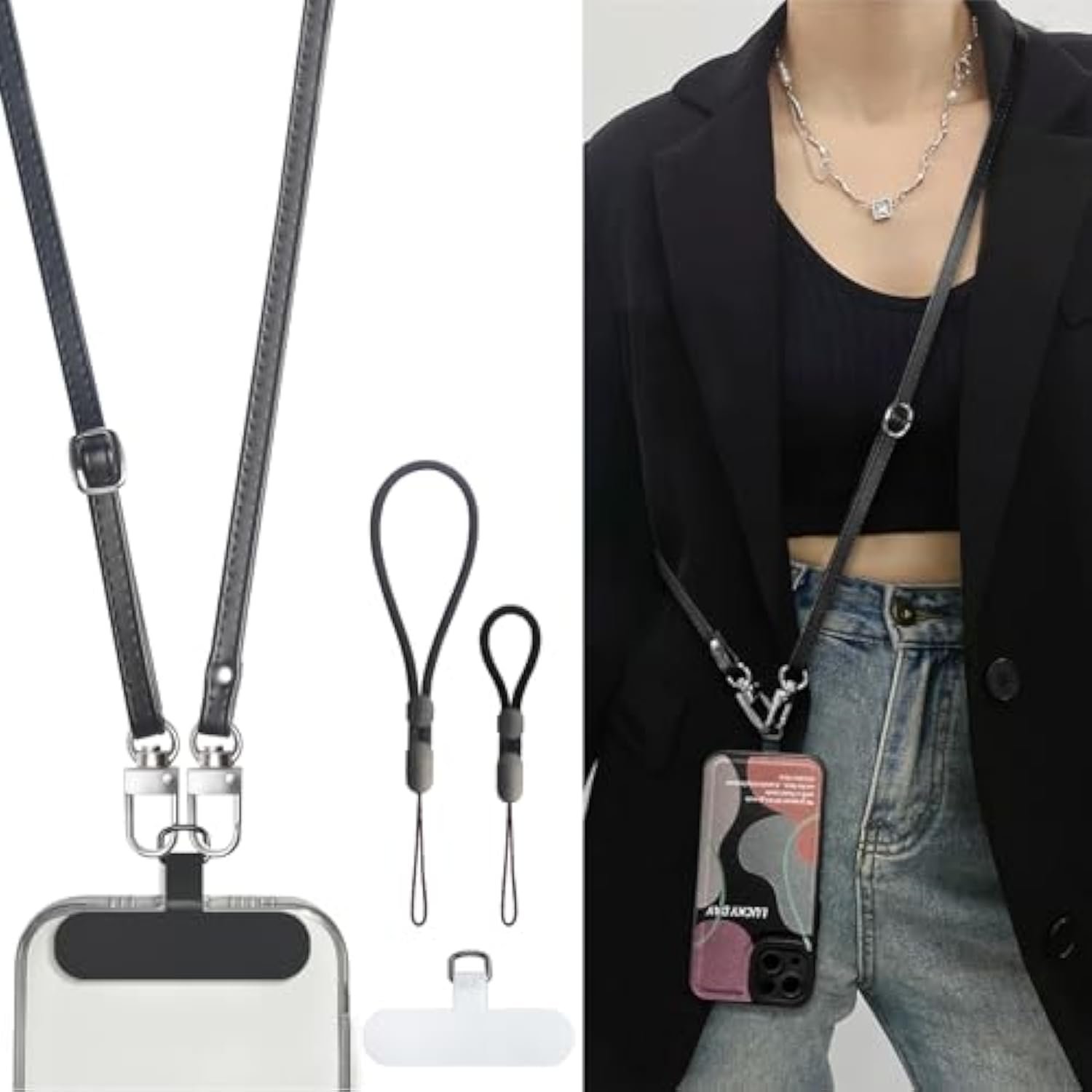 Phone Crossbody Strap, 2× Pads,1× Leather Phone Strap,1× Phone Wrist Strap,1× Adjustable Finger Strap,Crossbody Phone Lanyards,Adjustable Phone Chain Compatible With Most Smartphones(Black)