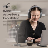 Fokus Plus Hybrid Active Noise Cancelling Bluetooth Headset, 50H Playtime, with Headphone Stand Wirelessly Charges Your Headphones, Removable Boom