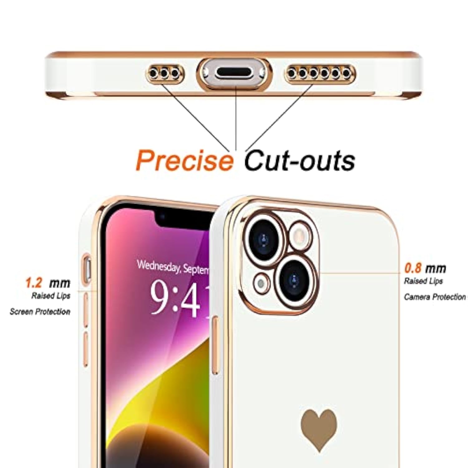 For Iphone 14 Case For Women Girl Cute Love Heart Luxury Electroplate Plating Soft Bling Back Cover Raised Full Camera Protection Bumper Silicone Shockproof Phone Case For Iphone 14, White