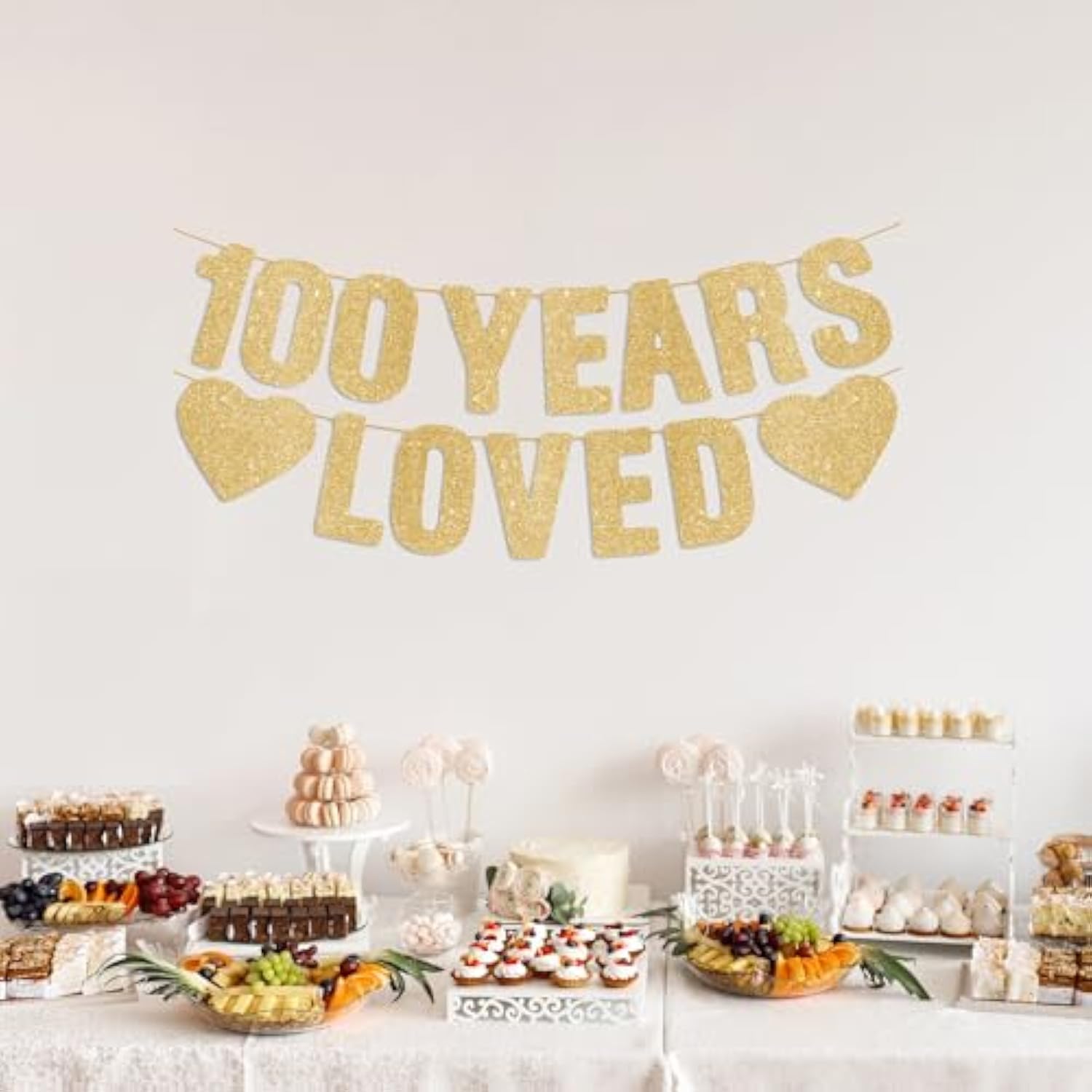 100Th Birthday Party Decorations For Women & Men, Pre-Strung 100 Years Loved Banner - Gold Glitter, Happy 100 Year Old Birthday Sign Gifts For Him & Her