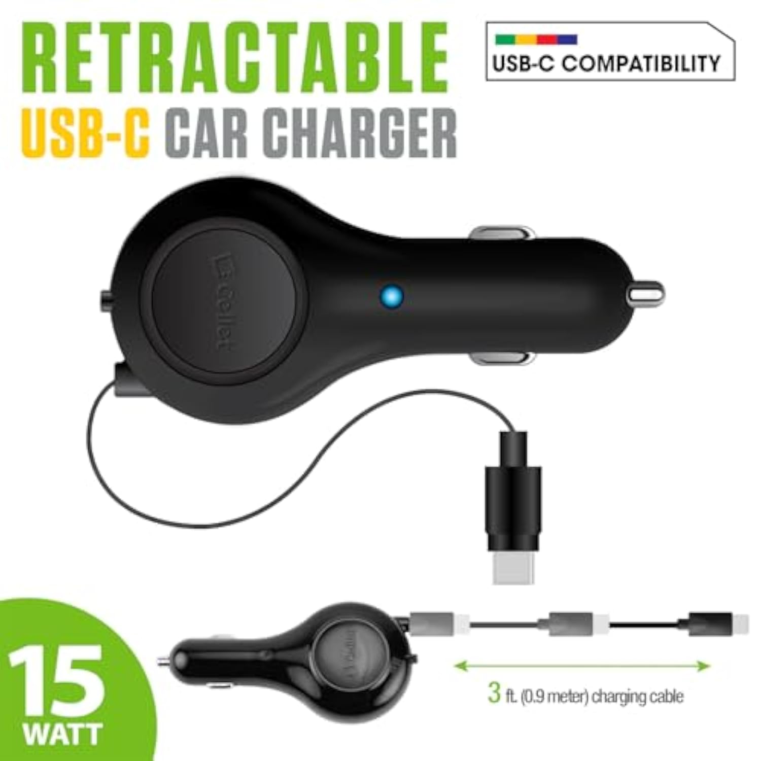 Cellet Retractable USB-C Car Charger – 15W Fast Charging, 3.3ft Cable, 3A Output, Blue LED Indicator – Compatible with Apple iPhone 15/16 Series & Samsung Android USB-C Devices – Compact, Tangle-Free