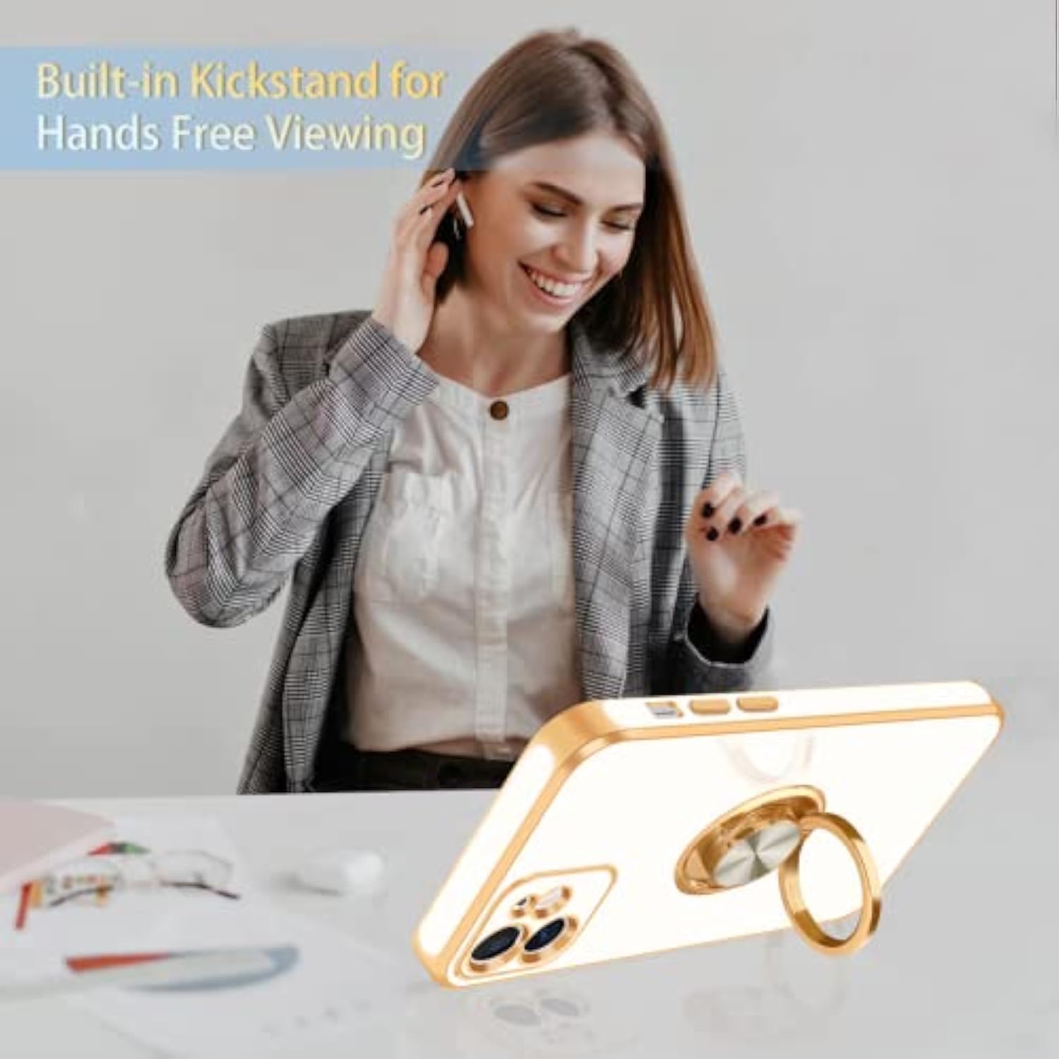 For Iphone 12 Case With 360° Rotatable Ring Holder Magnetic Kickstand, Shiny Plating Gold Edge, Slim Soft Tpu Shockproof Protective Cover For Women, Men, White