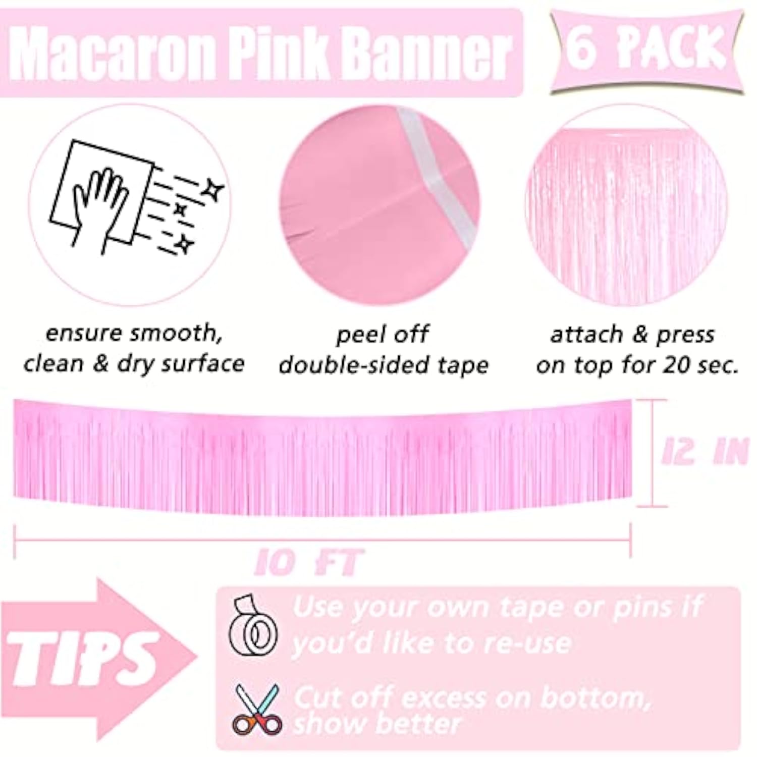 6 Pack 10 Feet Foil Fringe Garland Metallic Tinsel Banner Wall Hanging Curtain Streamers Backdrop For Parade Floats Bachelorette Wedding Birthday Party Thanksgiving Christmas Decorations(Pink)