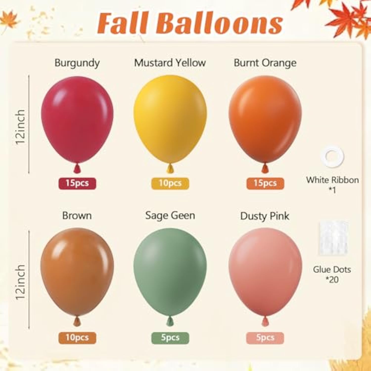 60pcs Fall Balloon Set Burgundy Brown Sage Green Orange Yellow Pink for Party Decor