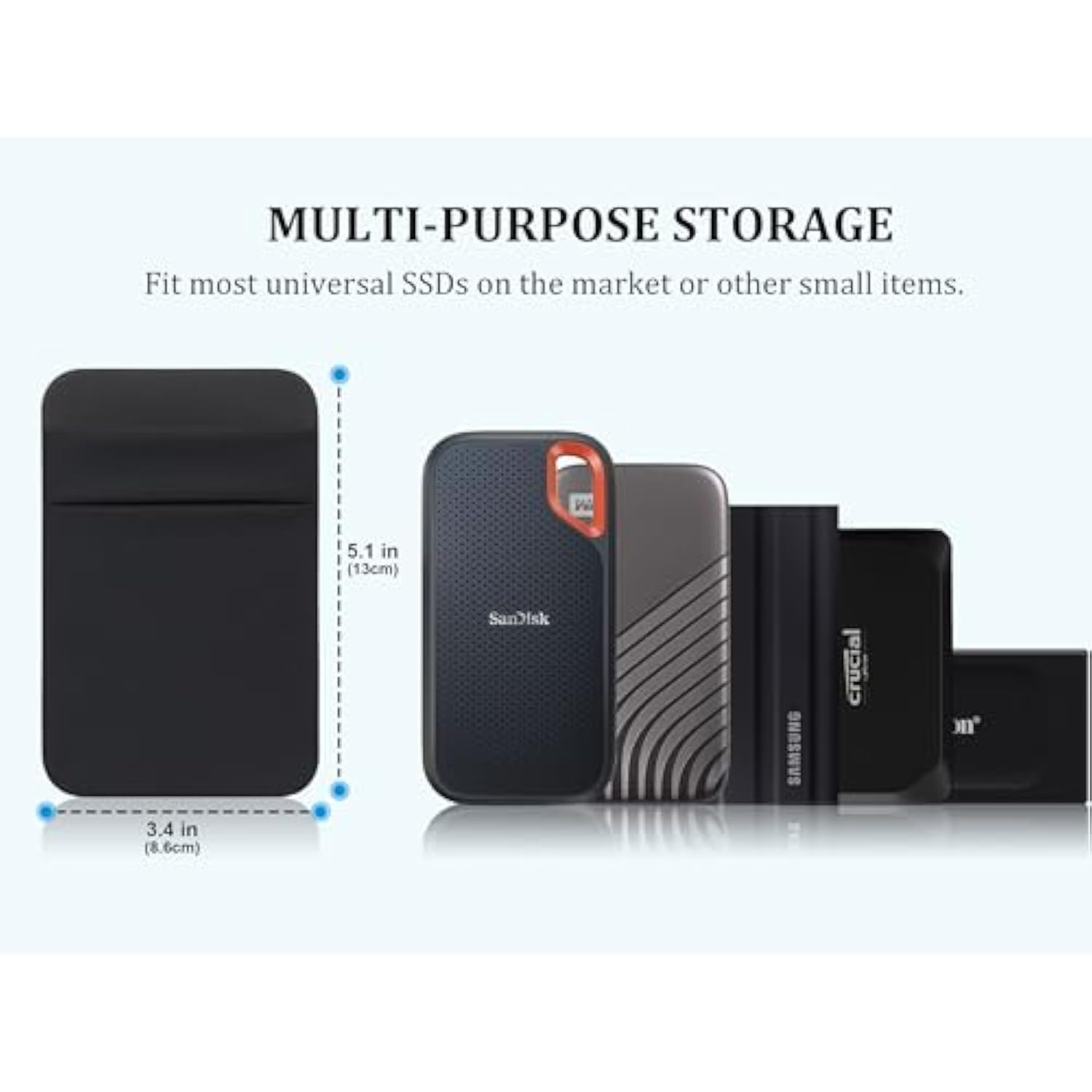 Portable Hard Drive Sleeve For Laptop, 2-Pocket Stick On Pouch With Reusable Adhesive, For San Disk, Samsung, Crucial, Portable External Solid State Drive Ssd Hard Drive Carrying Case, Black