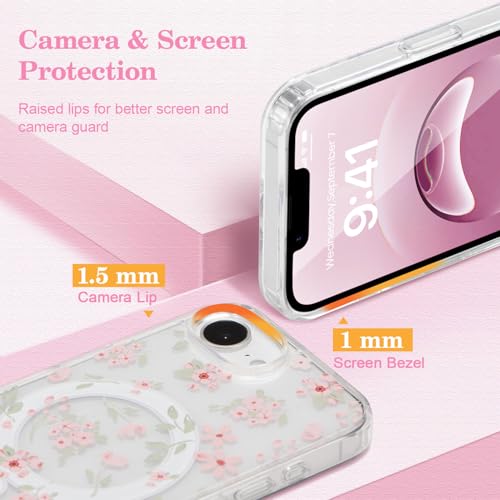 Magnetic for iPhone 17e / iPhone 16e Case Compatible with Magsafe, Cute Floral Flower Aesthetic Phone Case Slim Clear Anti-Yellowing Shockproof Phone