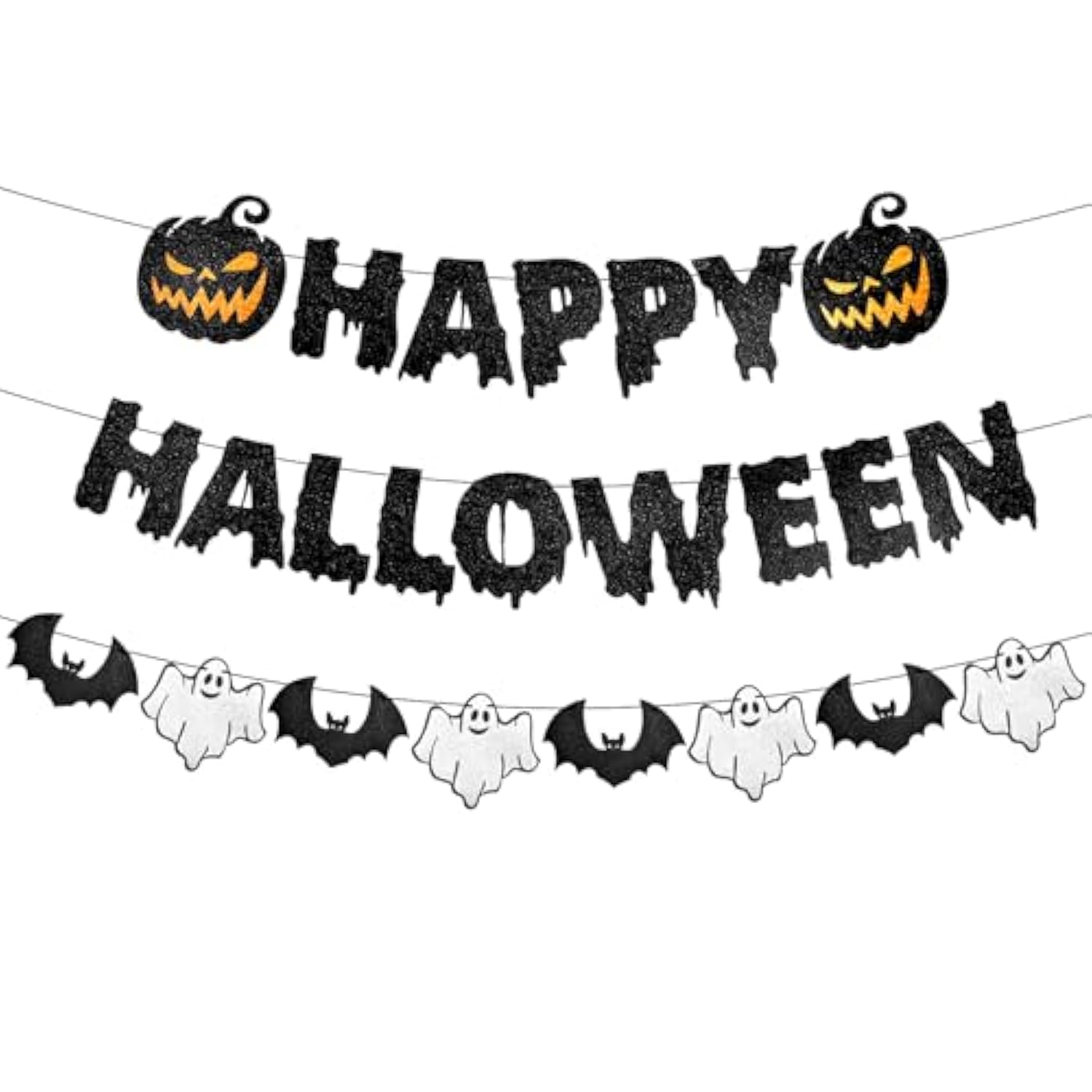 Black Glitter Halloween Banner: Spooky Pumpkin, Ghost & Bat Garland