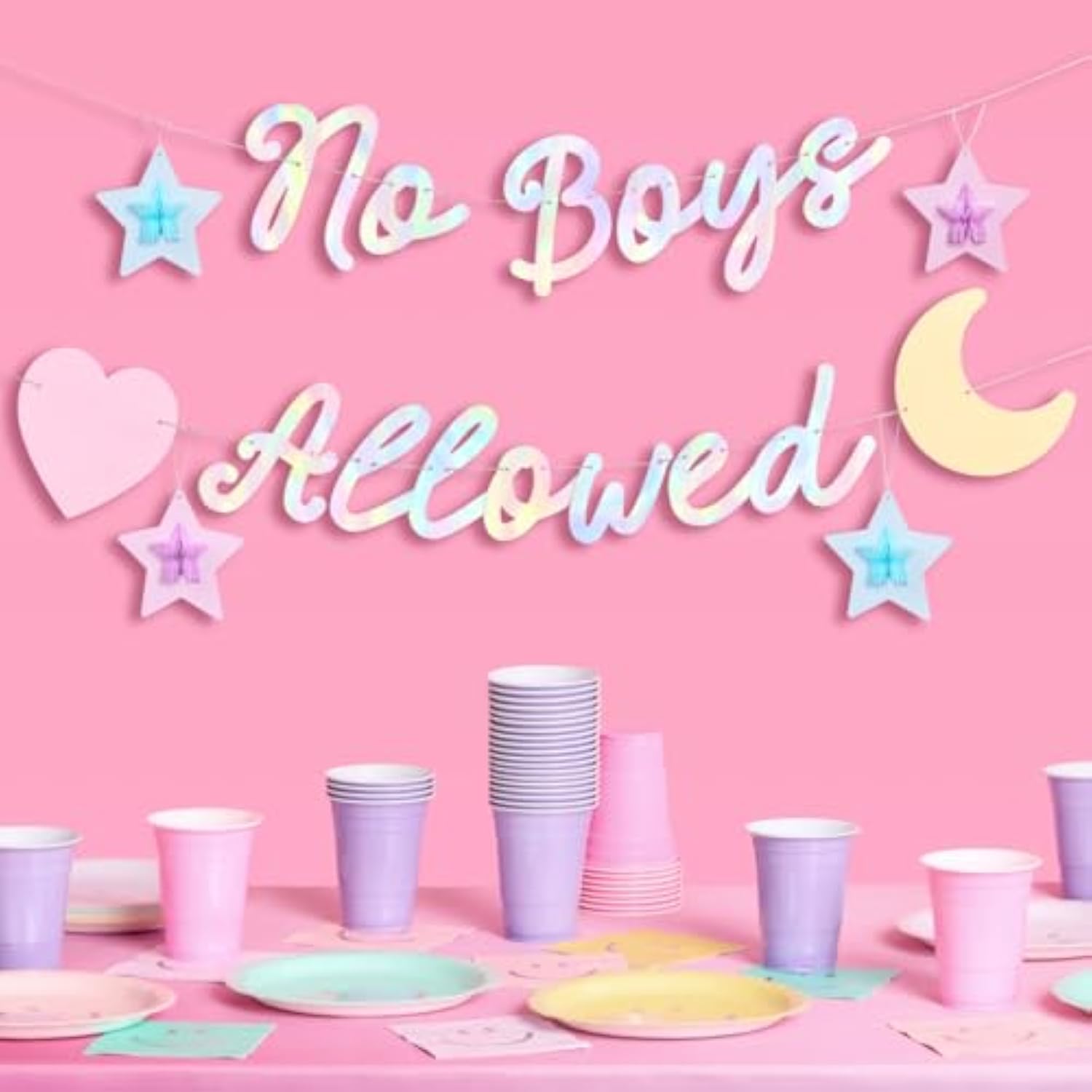 No Boys Allowed Banner - Iridescent Foil | 6.5 Ft. | Birthday Slumber Party Decorations, Galentine'S Sign, Sleepover Background, Girls Supplies