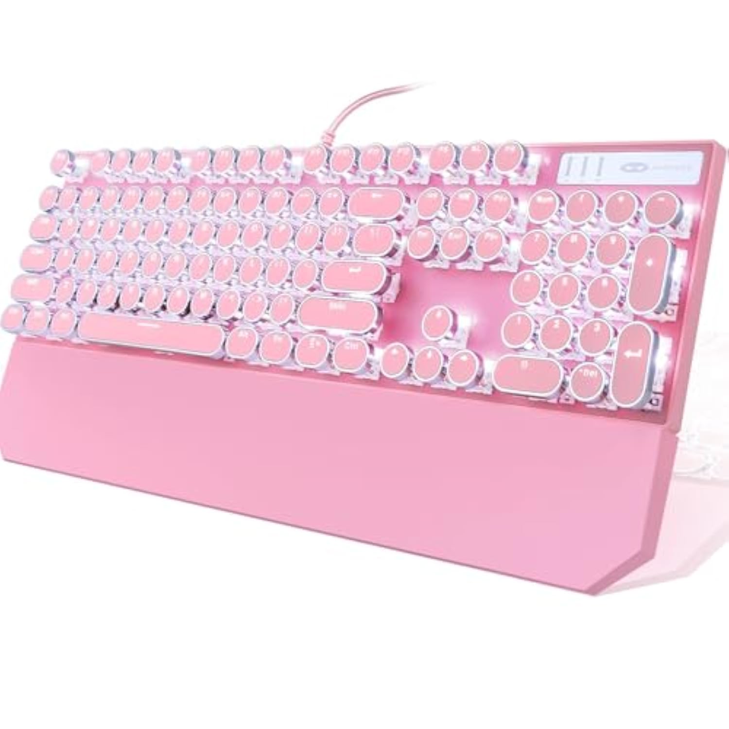 Typewriter Style Mechanical Gaming Keyboard, Pink Retro Punk Gaming Keyboard With White Backlit, 104 Keys Blue Switch Wired Cute Keyboards, Round Keycaps For Windows/Mac/Pc