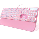Typewriter Style Mechanical Gaming Keyboard, Pink Retro Punk Gaming Keyboard With White Backlit, 104 Keys Blue Switch Wired Cute Keyboards, Round Keycaps For Windows/Mac/Pc