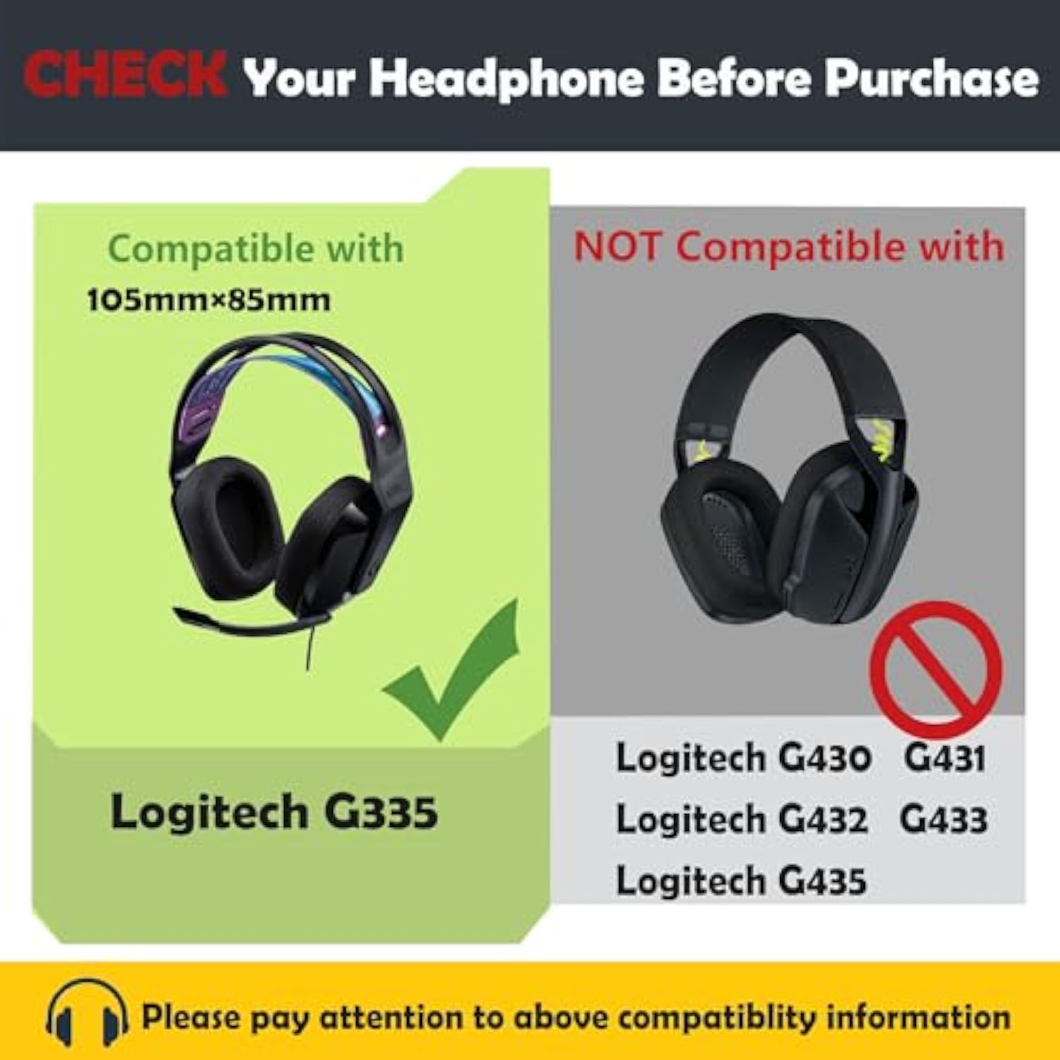 Headphone Ear Pads Cushion Memory Foam Replacement-Earpads Compatible With Logitech G335 Wired Gaming Headphones