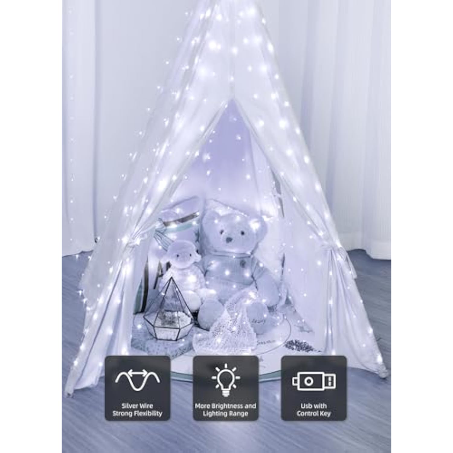 300 Led Fairy Curtain Lights, 9.8Ft X 9.8Ft White Curtain String Lights, Winter Wonderland Decorations, Usb Plug 8 Modes