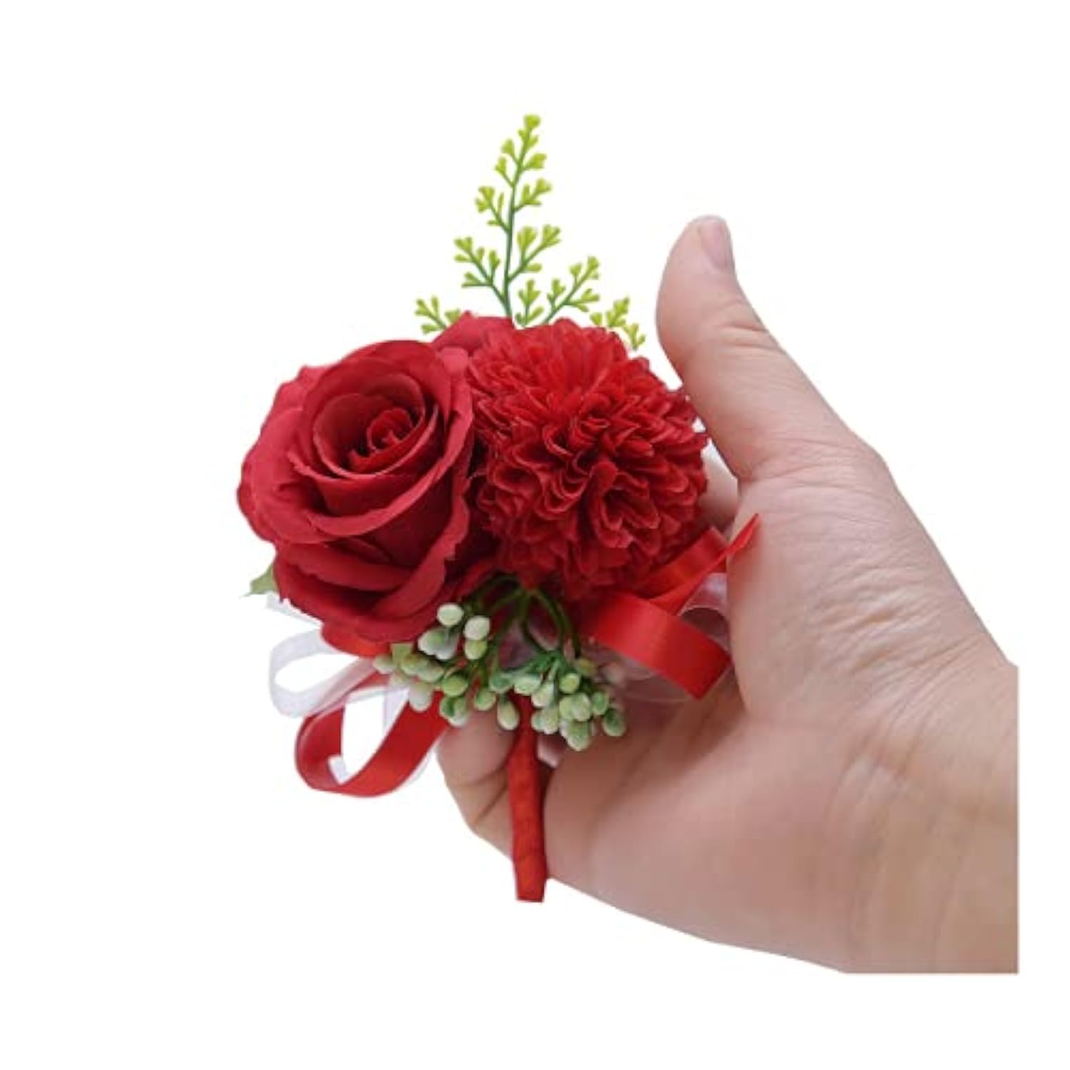 2 Pack Flower Wrist Corsage Boutonniere Set,3" Artificial Rose And Carnation Handmade Silk Flower For Wedding Flowers Accessories Prom Suit Decor (Red)