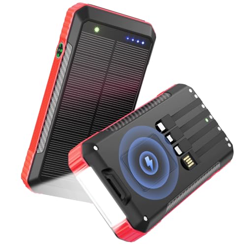 Solar Power Bank 33800mAh with Super Bright LED Flashlight, Built-in 4 Cables & Wireless Charging, Portable Charger with Compass, 7 Outputs & 4