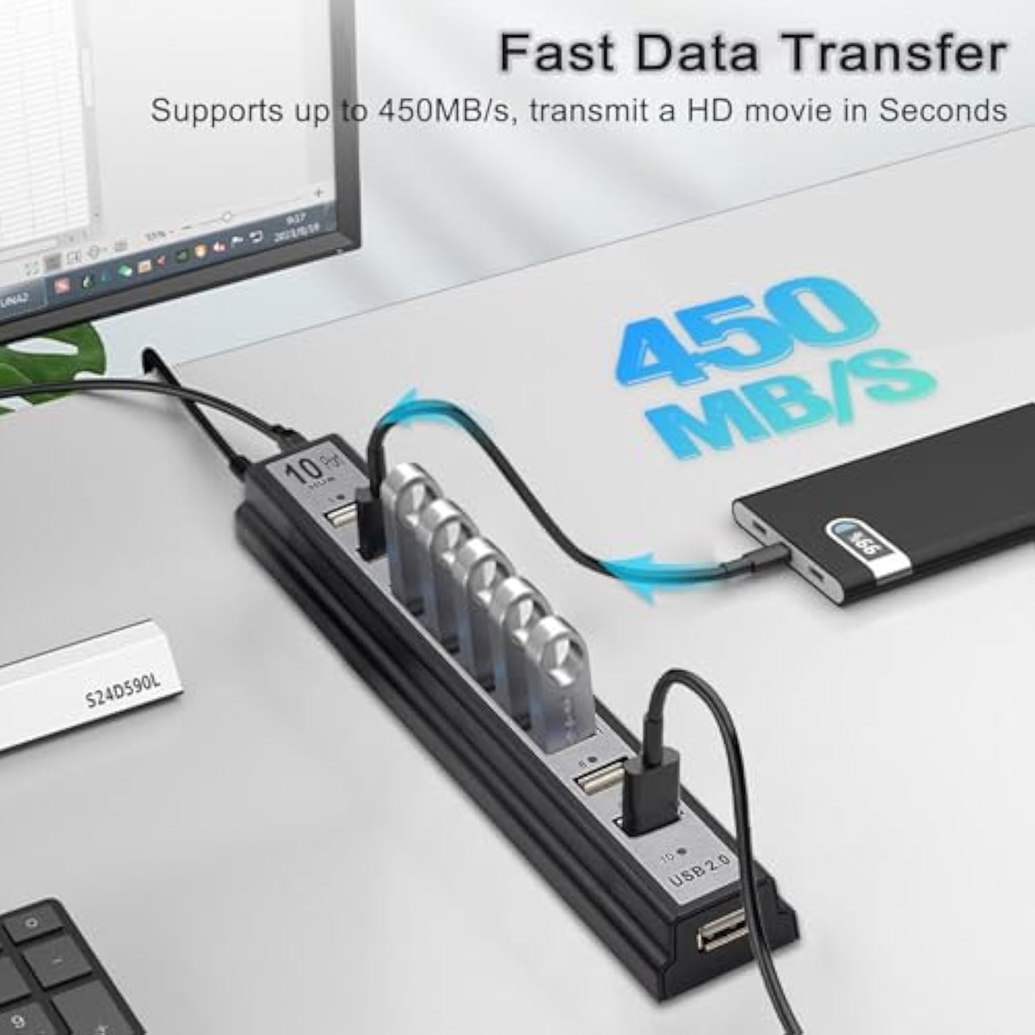 Powered Usb Hub 2.0, 10-Port Usb Hub Usb Extender Splitter (Support Smart Char
