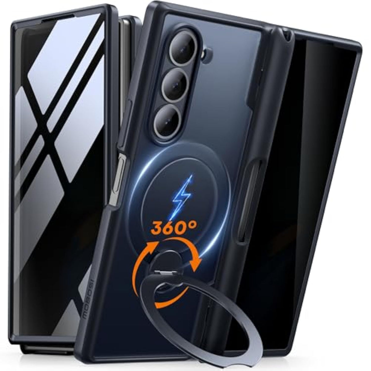Rotatable Ring Stand For Z Fold 5 Case With Privacy Screen Protector, Compatible With Magsafe, 18Ft Mil-Grade Protection, Magnetic Shockproof Slim Case For Samsung Galaxy Z Fold5, Black