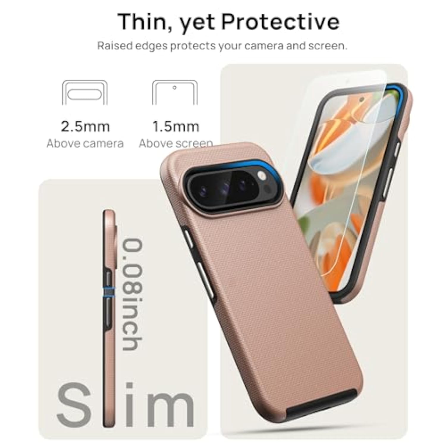 Pixel 9/9 Pro Case, 2X Screen Protectors, Shockproof, Double Layer, Rose Gold
