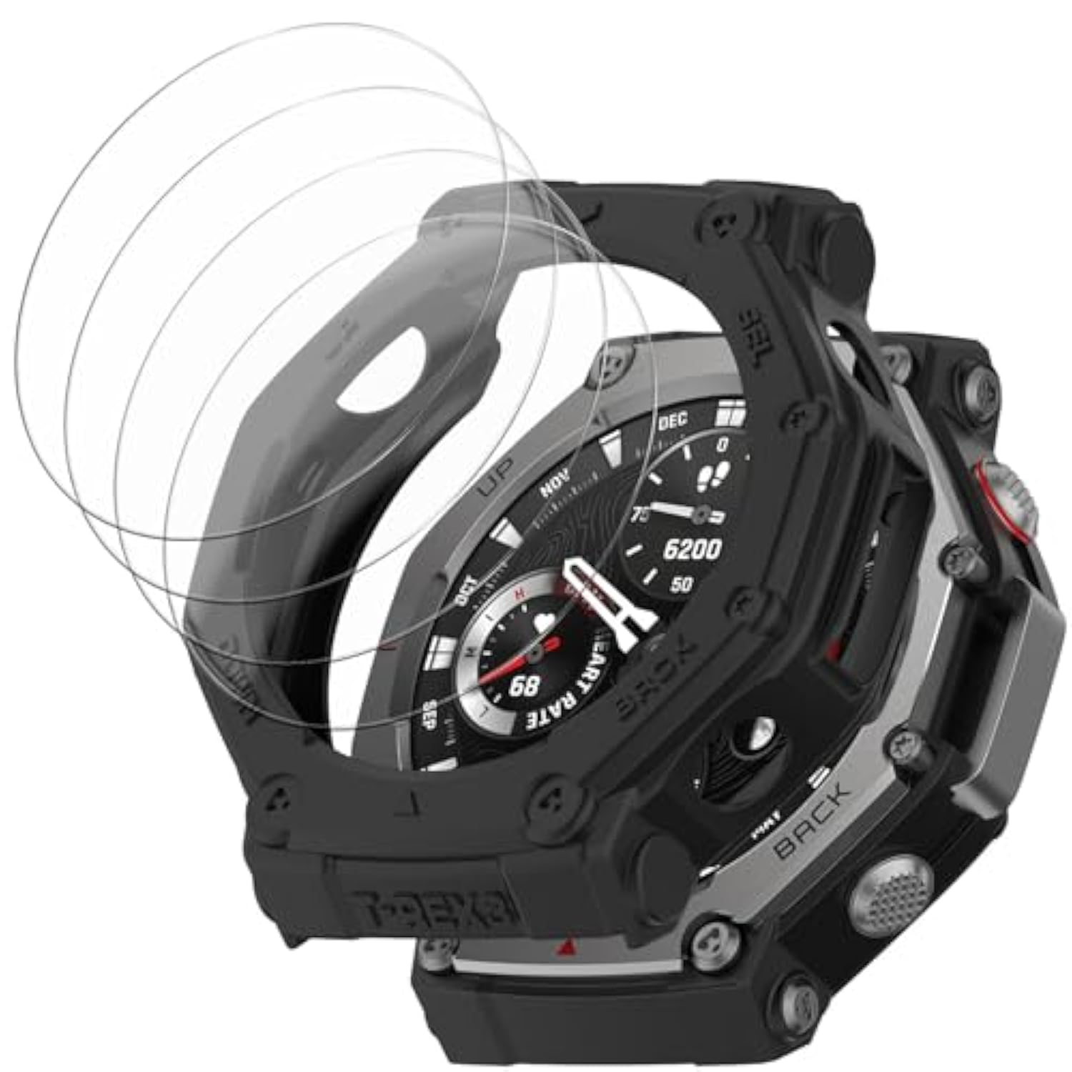 [1+4 Pack] Case With Tempered Glass Screen Protector Compatible With Amazfit T-Rex 3, Bumper Full Coverage Protective Soft Cases Face Cover For Amazfit T-Rex 3 Black