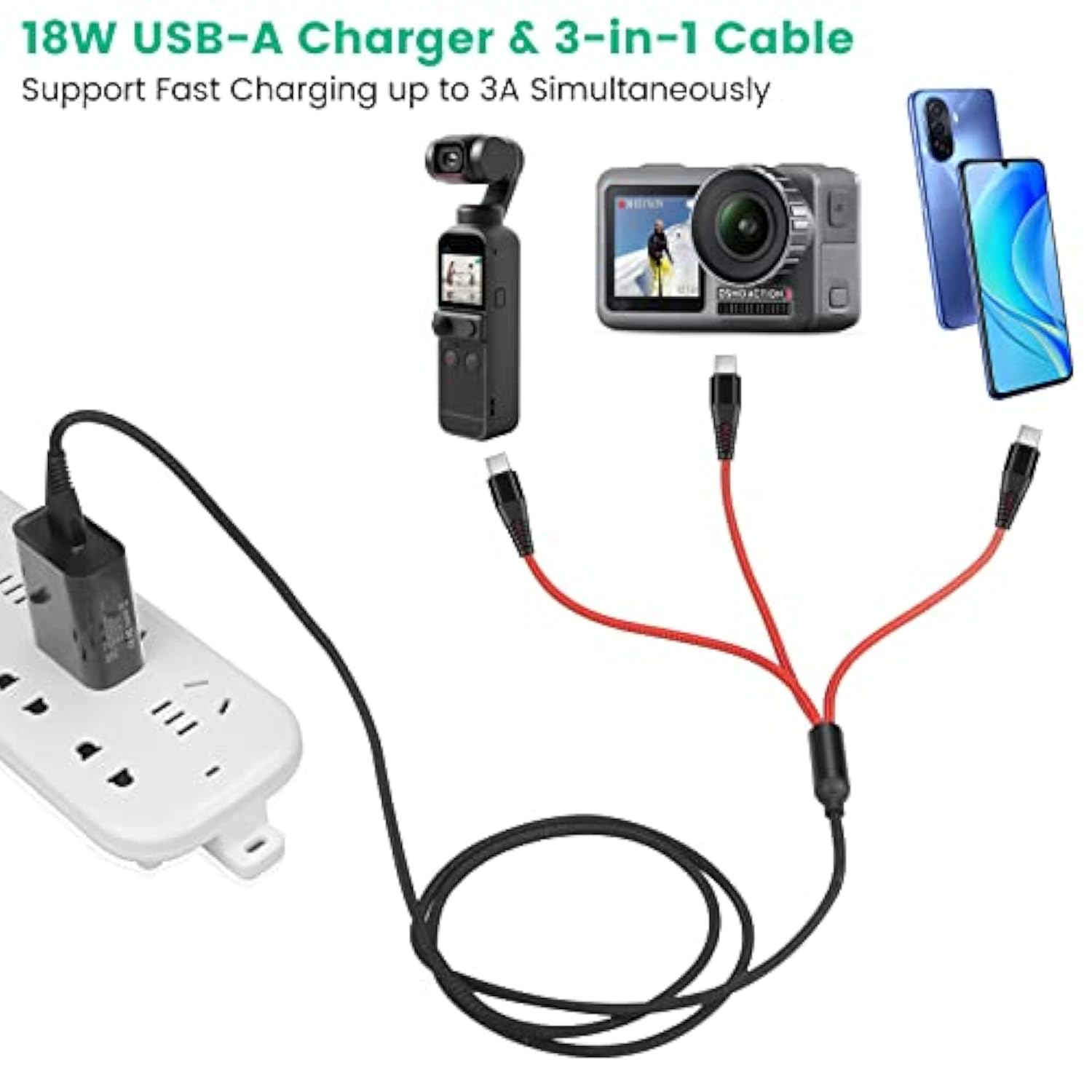 Usb C Charger For Dji Osmo Mobile 7P 6 Om 6 5 4 Se/Rs 2 3 Mini Stabilizers And Pocket 3 2 Action Cameras, 3-In-1 Type-C Charging Cable With 18W Fast-Charge Adapter Accessories, 4Ft
