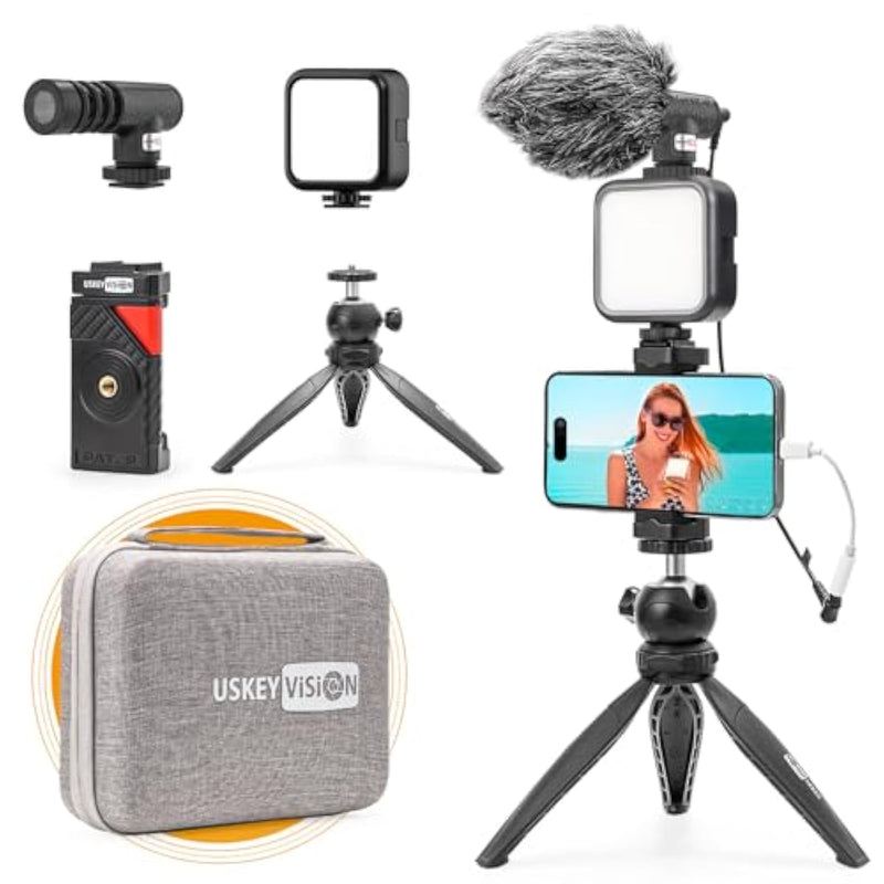 Smartphone Vlogging Kit For Iphone 16/15/14 Mini/Pro/Max, Android Smartphone Content Creator Kit W/Microphone Light Auto-Switch Phone Clip For Youtube Tiktok Live Steam (Vlog K2)