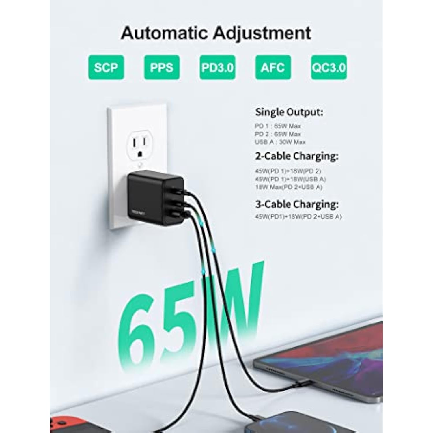 TECKNET 65W GaN Wall Charger PD 3.0 USB-C Travel Adapter,3-Port Foldable Fast Charger with 5ft Cable for iPhone 16 Pro Max/16 Plus/16/15/iPad/Galaxy S24/S25/MacBook Pro/Switch? and More Series