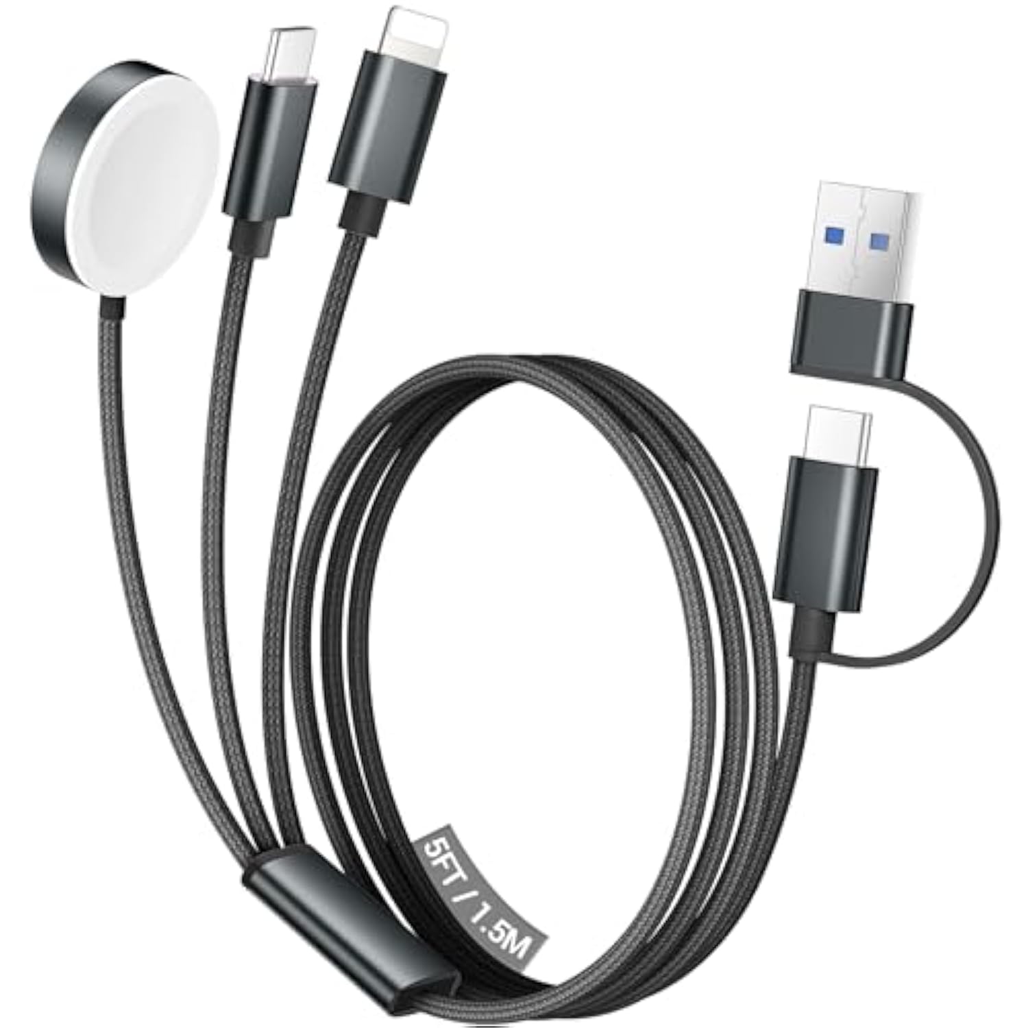 For Travel Vacation Essentials,3 In 2 Usb C Cable For Apple Watch Charger/Iphone 16 Charger/Lightning,Multi Charging Cable Cord,Camping Essentials,Designed For Iwatch &Iphone 16-12-5Ft Black