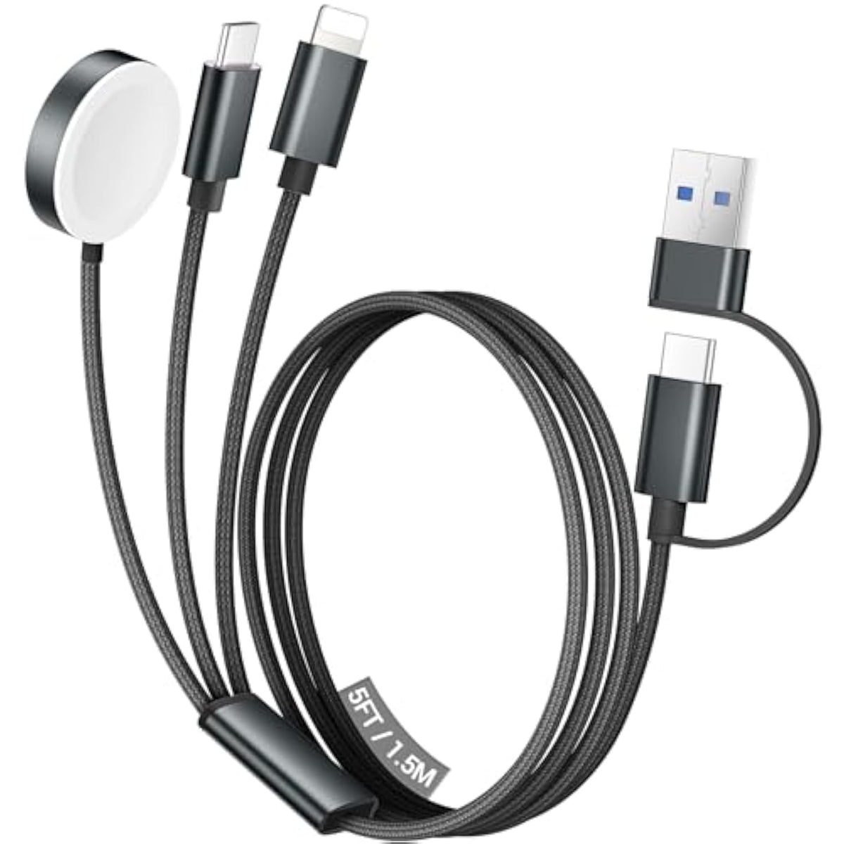 For Travel Vacation Essentials,3 In 2 Usb C Cable For Apple Watch Charger/Iphone 16 Charger/Lightning,Multi Charging Cable Cord,Camping Essentials,Designed For Iwatch &Iphone 16-12-5Ft Black