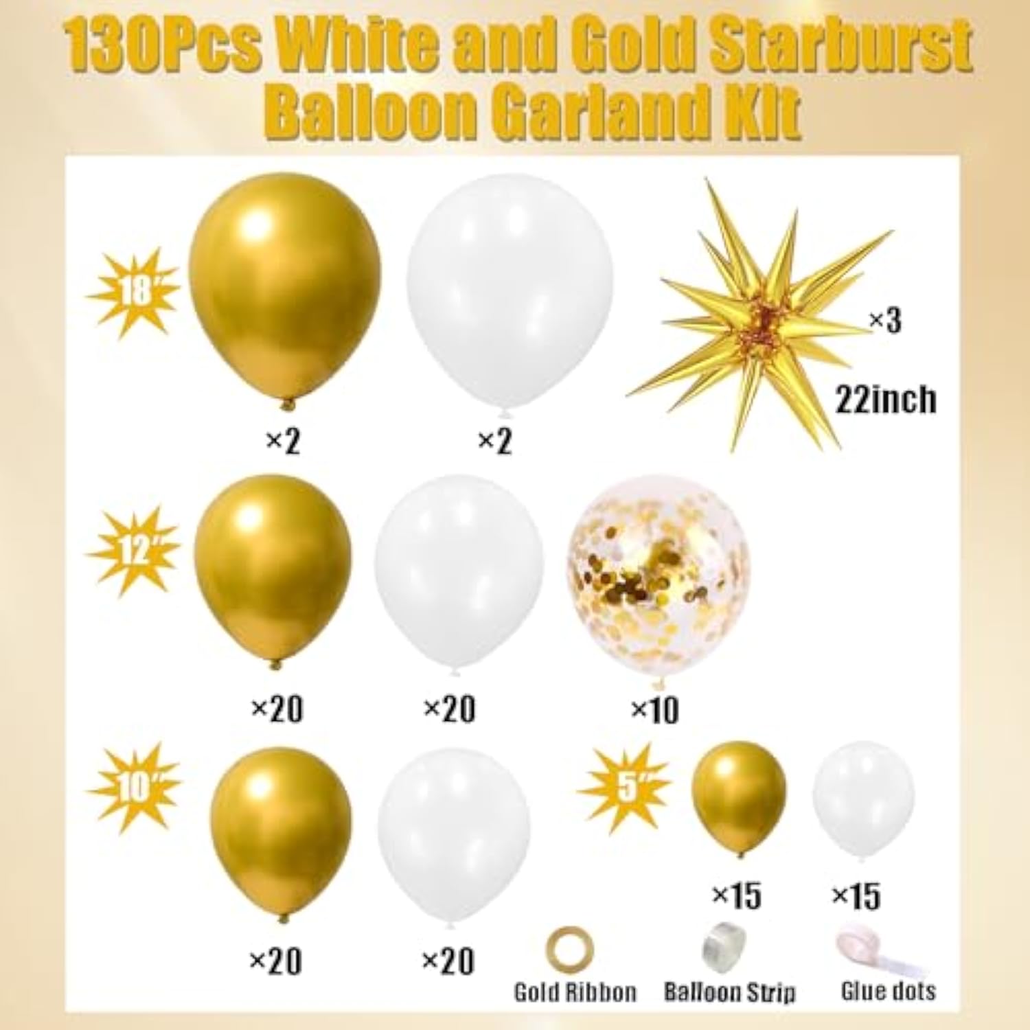 White & Gold Balloon Arch Kit  130pcs for Parties, Weddings, Showers and Celebrations