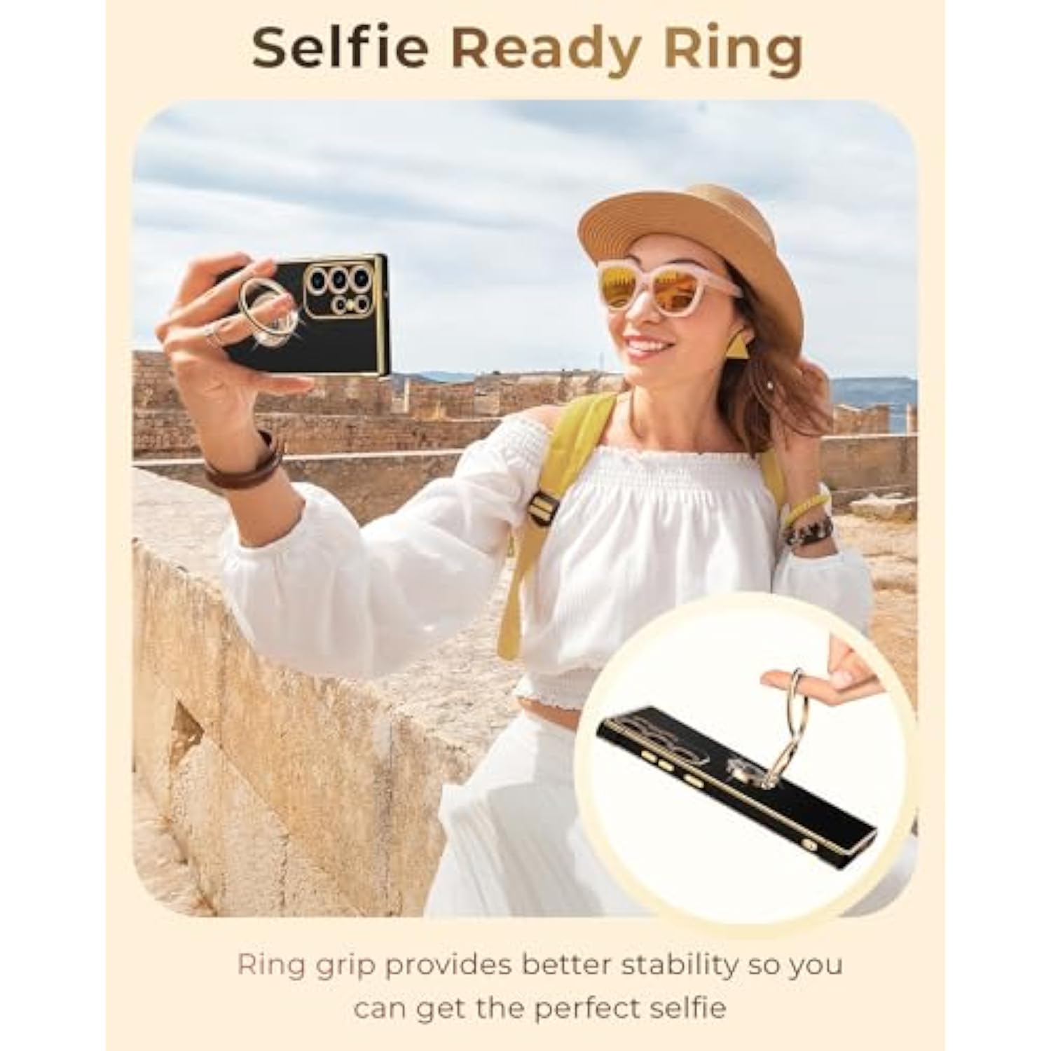 Black Galaxy S25 Ultra case with bling heart design, double ring stand & protection.