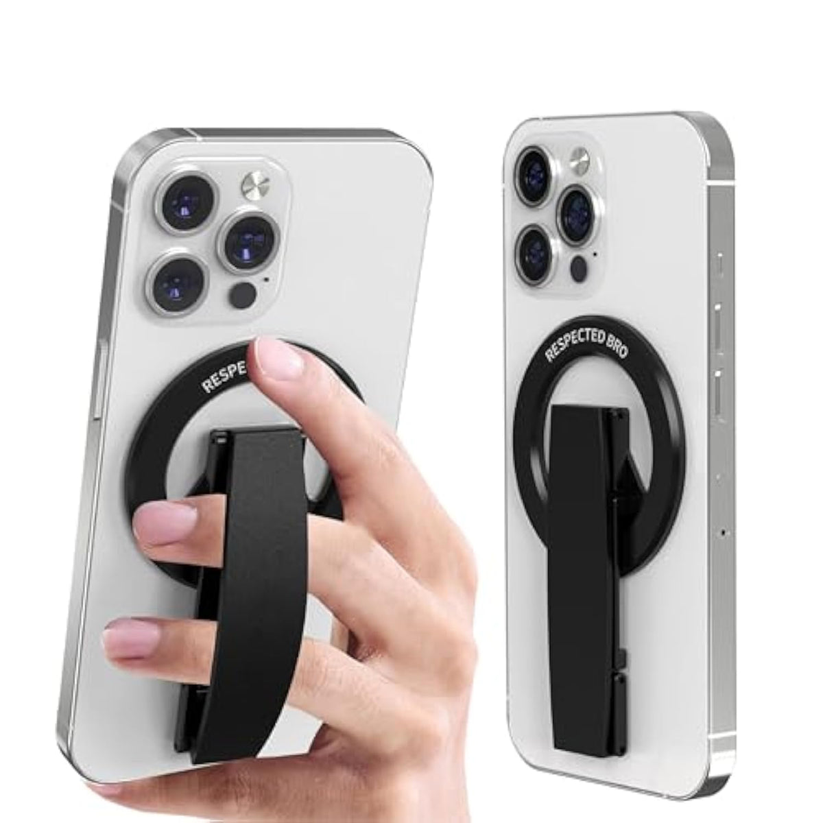 Magnetic-Phone-Grip-Stand, Magnetic Phone Ring Holder Kickstand With Silicone Finger Strap, Compatibility For Iphones, Androids, And More (Black)