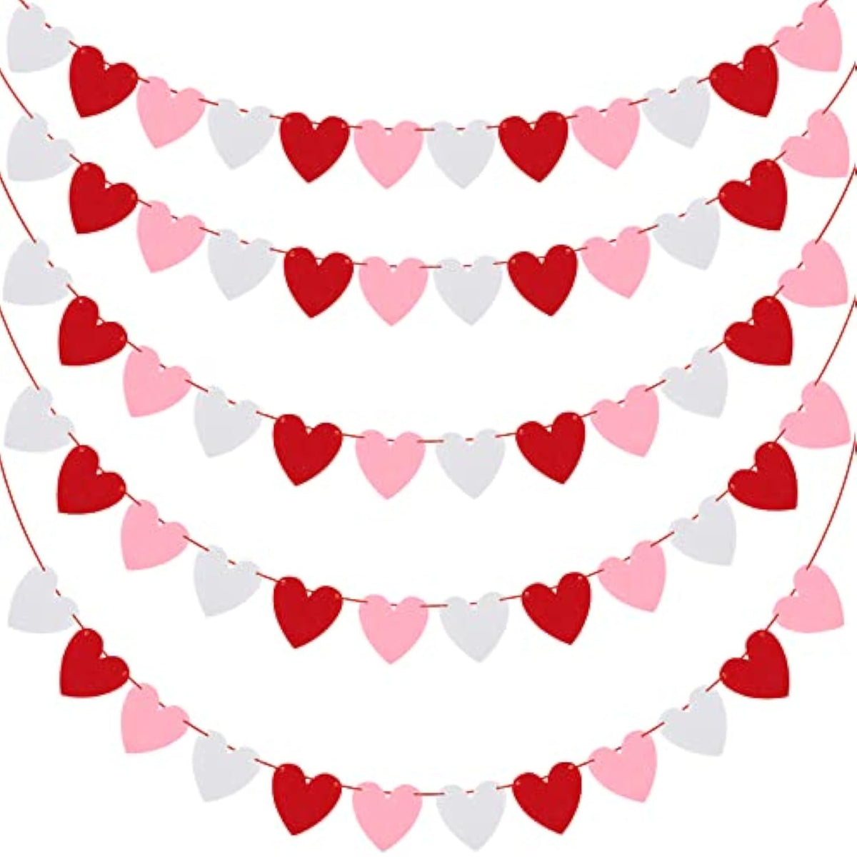 5 Pack Heart Garland Decorations Felt Heart Banner Hanging For Valentines, Anniversary, Mantle, Room Decor (Red, White, Pink)