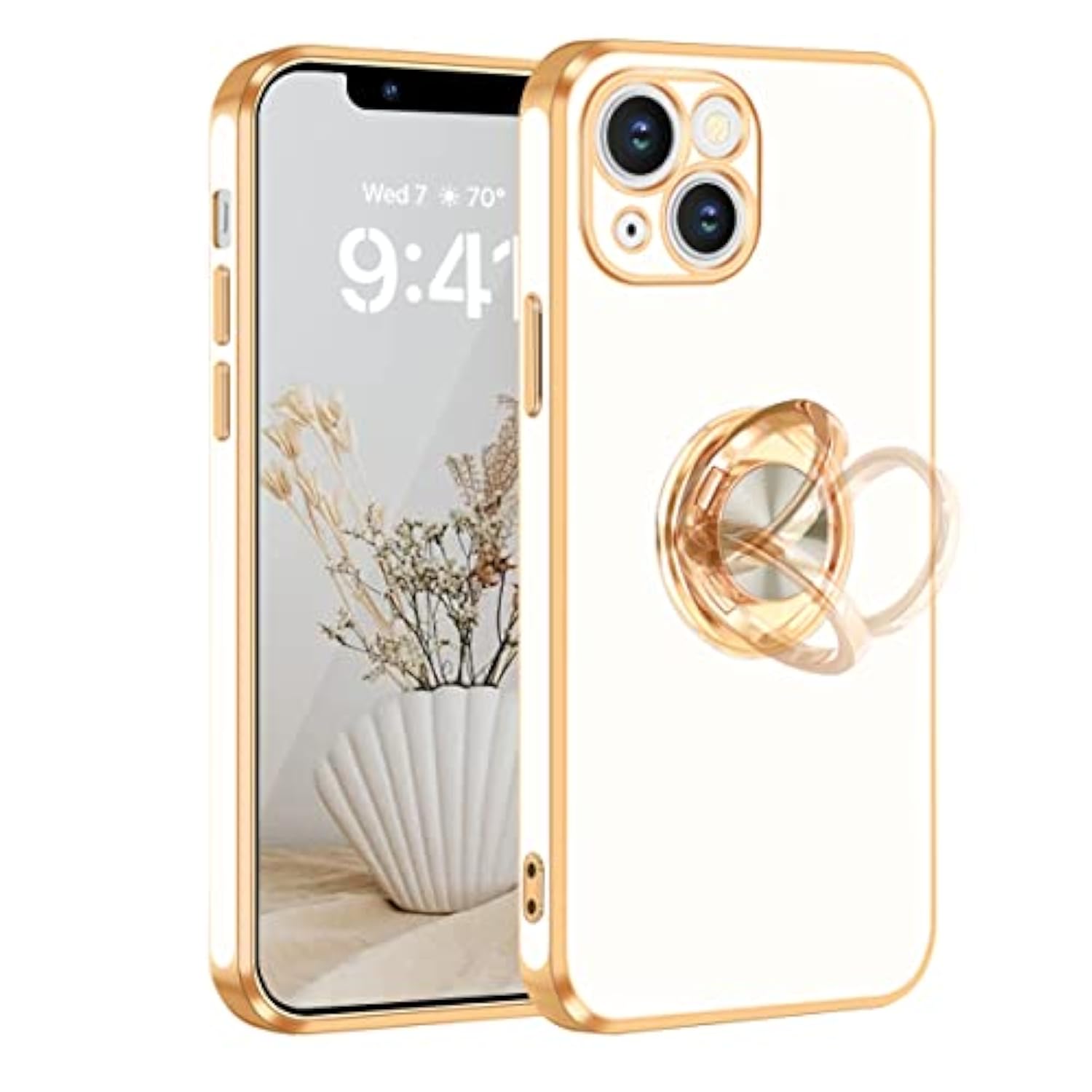 For Iphone 13 Case,For Iphone 13 Case With Ring Stand[360° Rotatable Ring Holder Magnetic Kickstand][Shiny Plating Gold Edge] Slim Soft Tpu Shockproof Protective Cover Case For Women Men,White