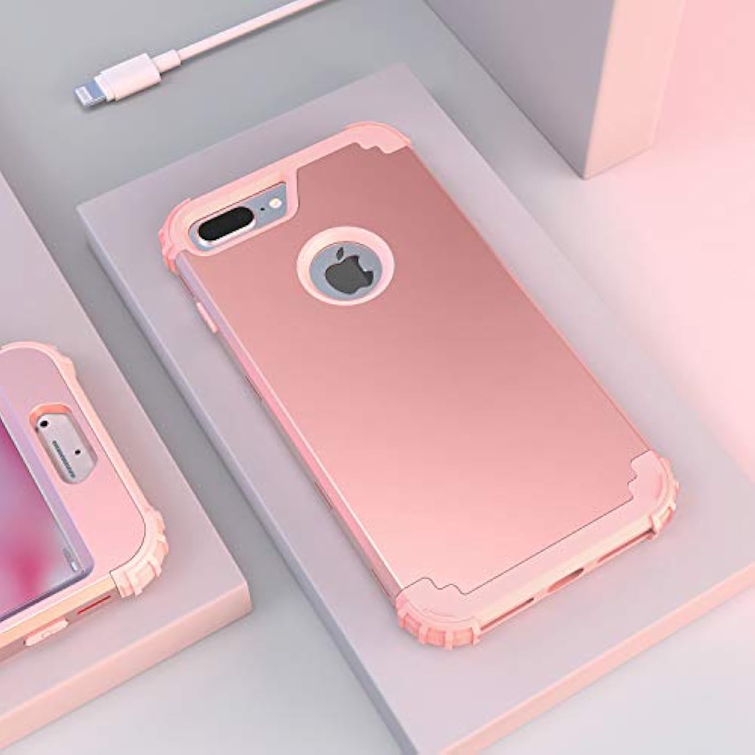 3 in 1 Shockproof Hybrid Case for iPhone 8 Plus and iPhone 7 Plus with Screen Protector, Rose Gold