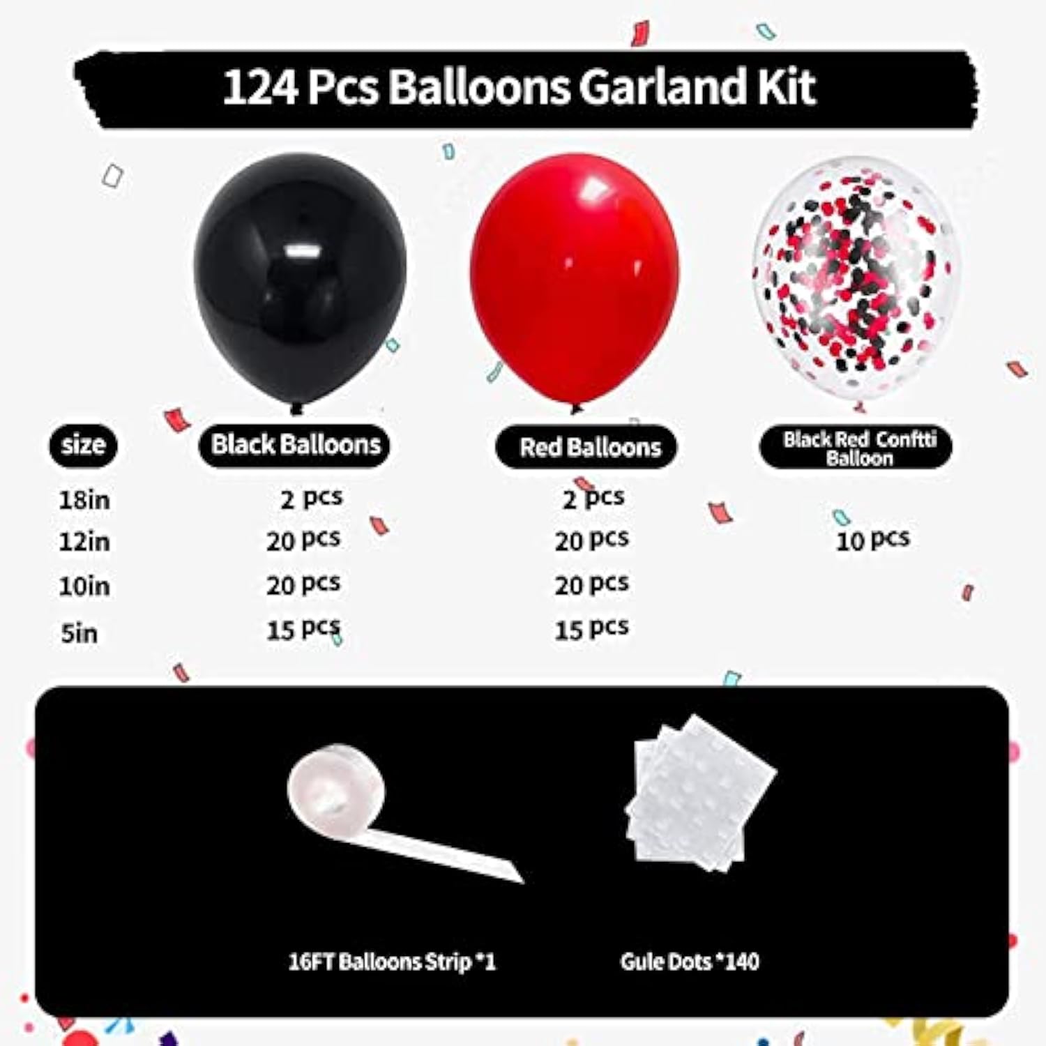 Red And Black Balloon Garland Kit - 124 Pack, Different Sizes, Red And Black Confetti For Anniversary, Birthday, Bachelorette, Prom Parties